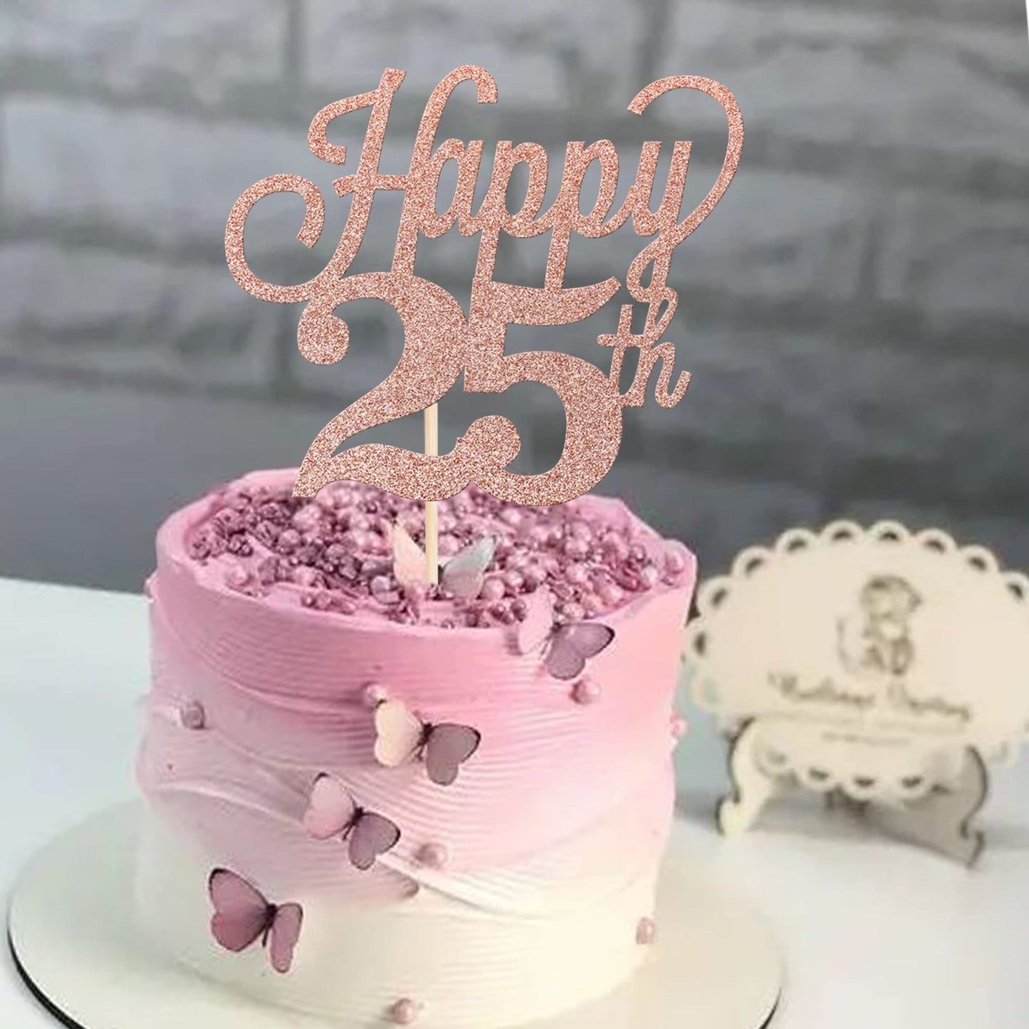 YCTHUNFISH Happy 25th Cake Topper, Black Glitter Number 25, Rose Gold, Bamboo Decorations for 25th Birthday Wedding Anniversary Party Supplies