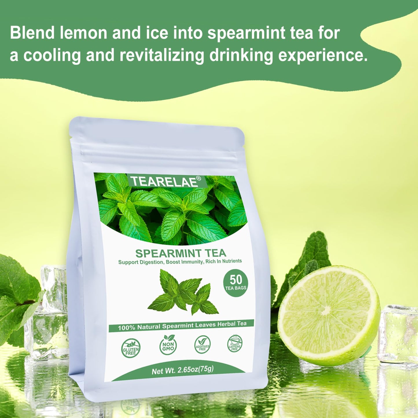 TEARELAE Spearmint Tea - 100% Pure Spearmint Leaves - Caffeine-free Herbal Tea - 50 Count