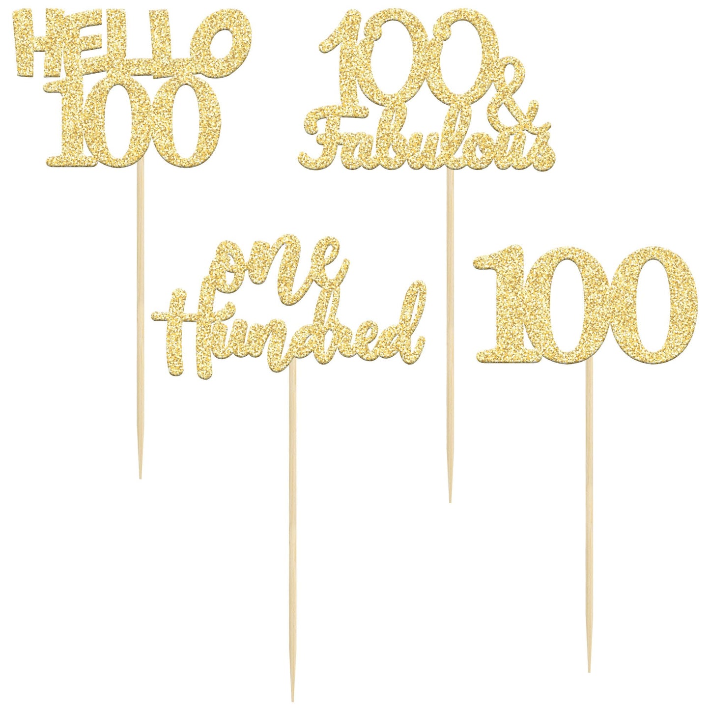 Gyufise 24Pcs Gold Glitter 100Th Birthday Cupcake Toppers Hello 100 One Hundred Cake Toppers 100 & Fabulous Cupcake Picks For 10