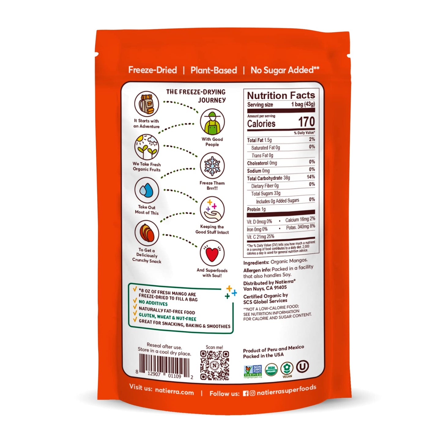 NATIERRA Organic Freeze-Dried Mangos | USDA Organic, Non-GMO & Vegan | Gluten Free, No Additives, No Sugar Added | 1.5 Ounce (Pa
