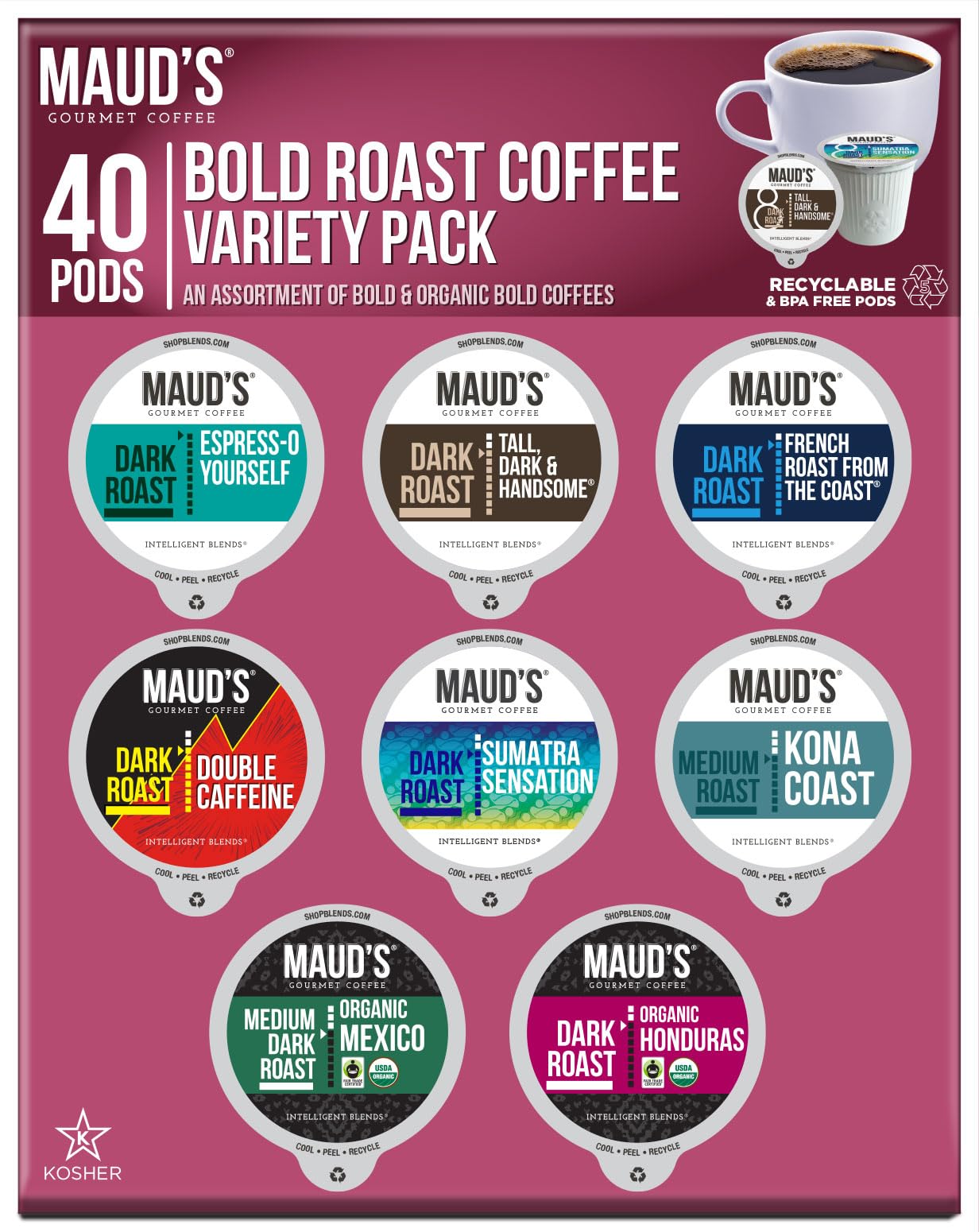 Maud'S Bold Dark Roast Coffee Pods Variety Pack, 40 Ct | 8 Assorted Coffee Flavors | 100% Arabica Dark Roasted Coffee | Solar En