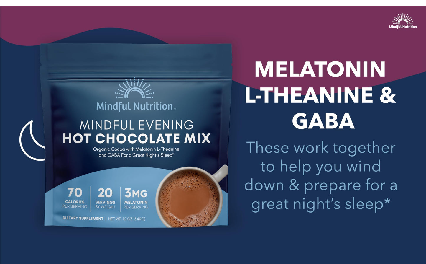 Mindful Nutrition Cocoa Mix, Natural Sleep Aid, 12 oz, Melatonin 3mg, L-Theanine, GABA, Stress Relief Hot Chocolate