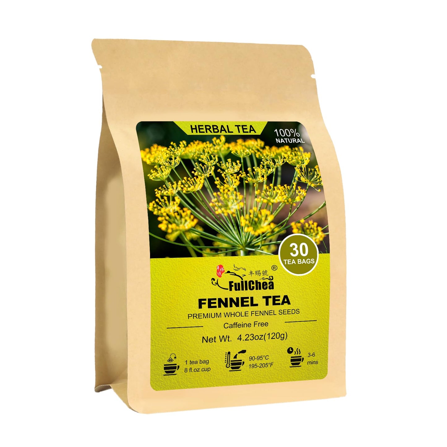 FullChea Fennel Tea Bags - Non-GMO, Caffeine-free, Helps Digestion - 30 Count