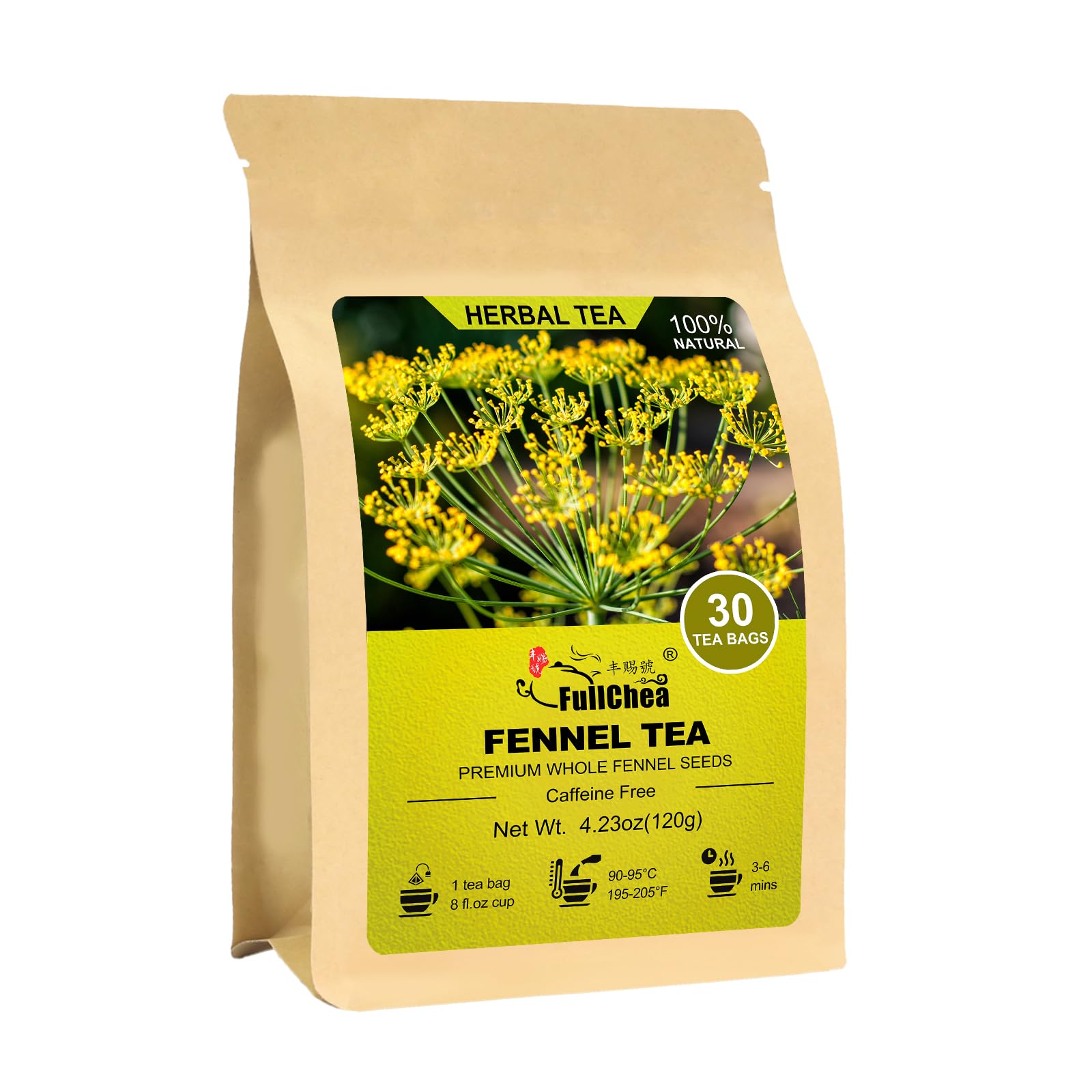 FullChea Fennel Tea Bags - Non-GMO, Caffeine-free, Helps Digestion - 30 Count