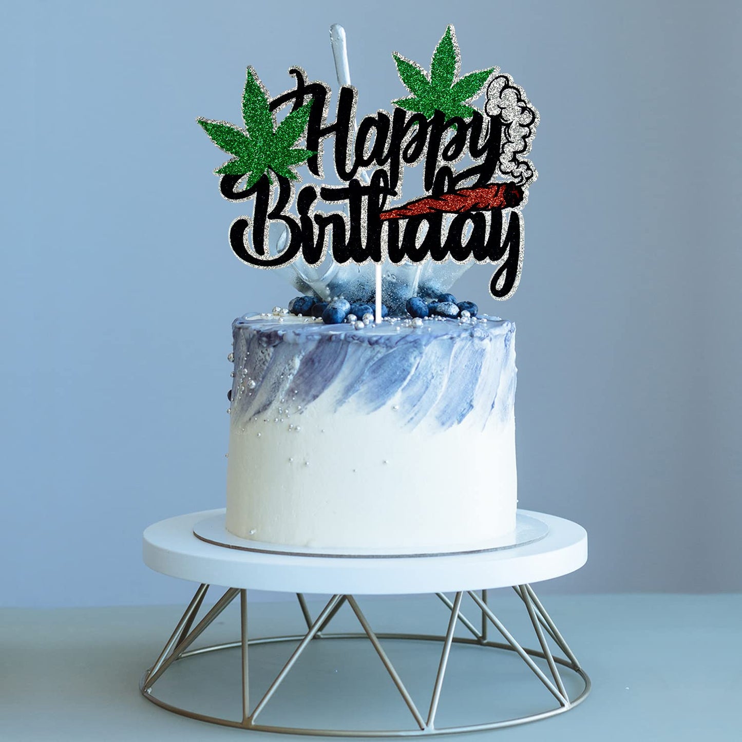 ZFMY Wong Happy Birthday Cake Topper - Black Glitter   Leaf Decoration - 14.5cm/5.7in x 10.7cm/4.2in