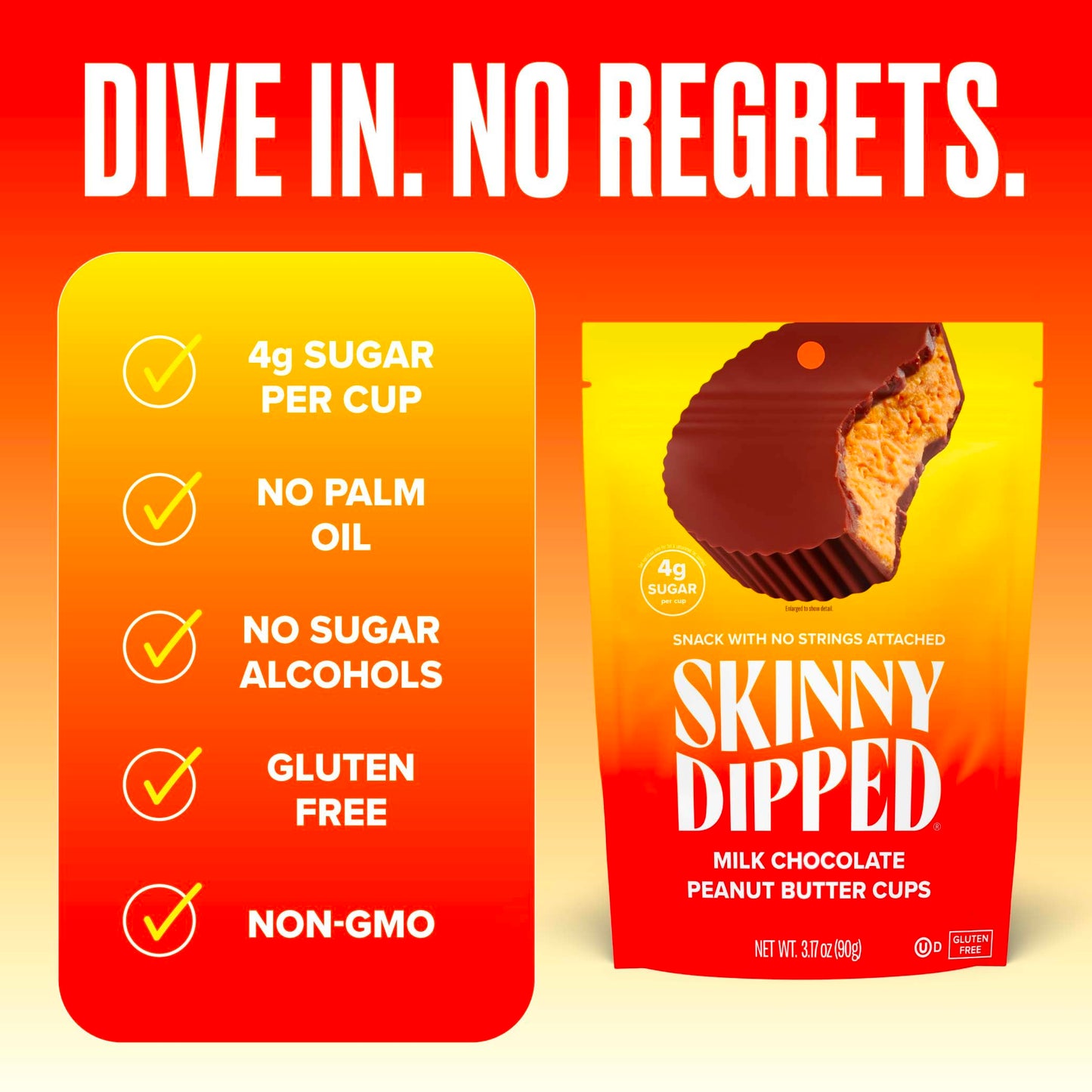 Skinnydipped Milk Chocolate Peanut Butter Cups, 4G Sugar, Low Sugar, No Palm Oil, Gluten Free, 3.2Oz Bag, 4 Pack (24 Cups Total)
