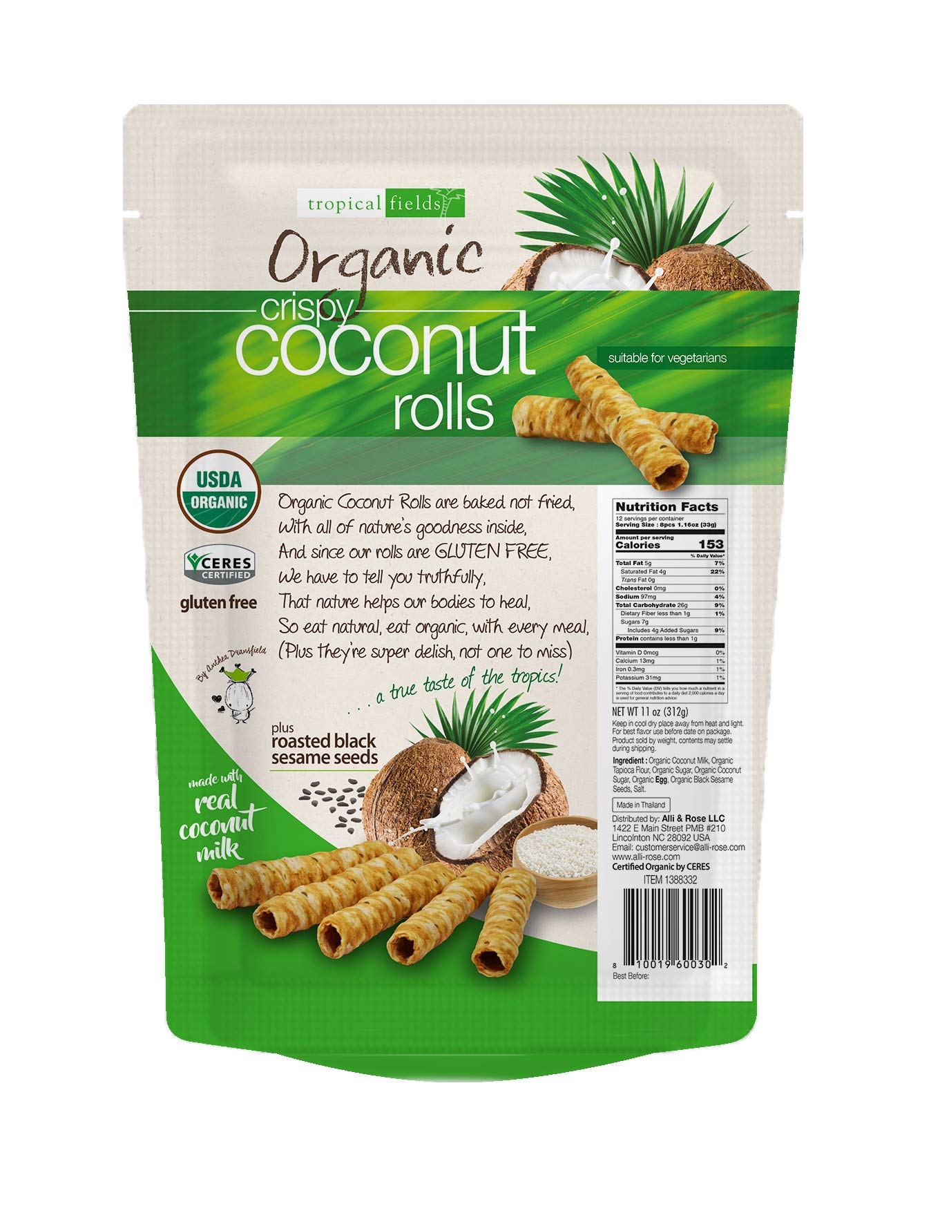Tropical Fields Crispy Coconut Rolls - Organic, Gluten Free, Dairy Free, 11oz