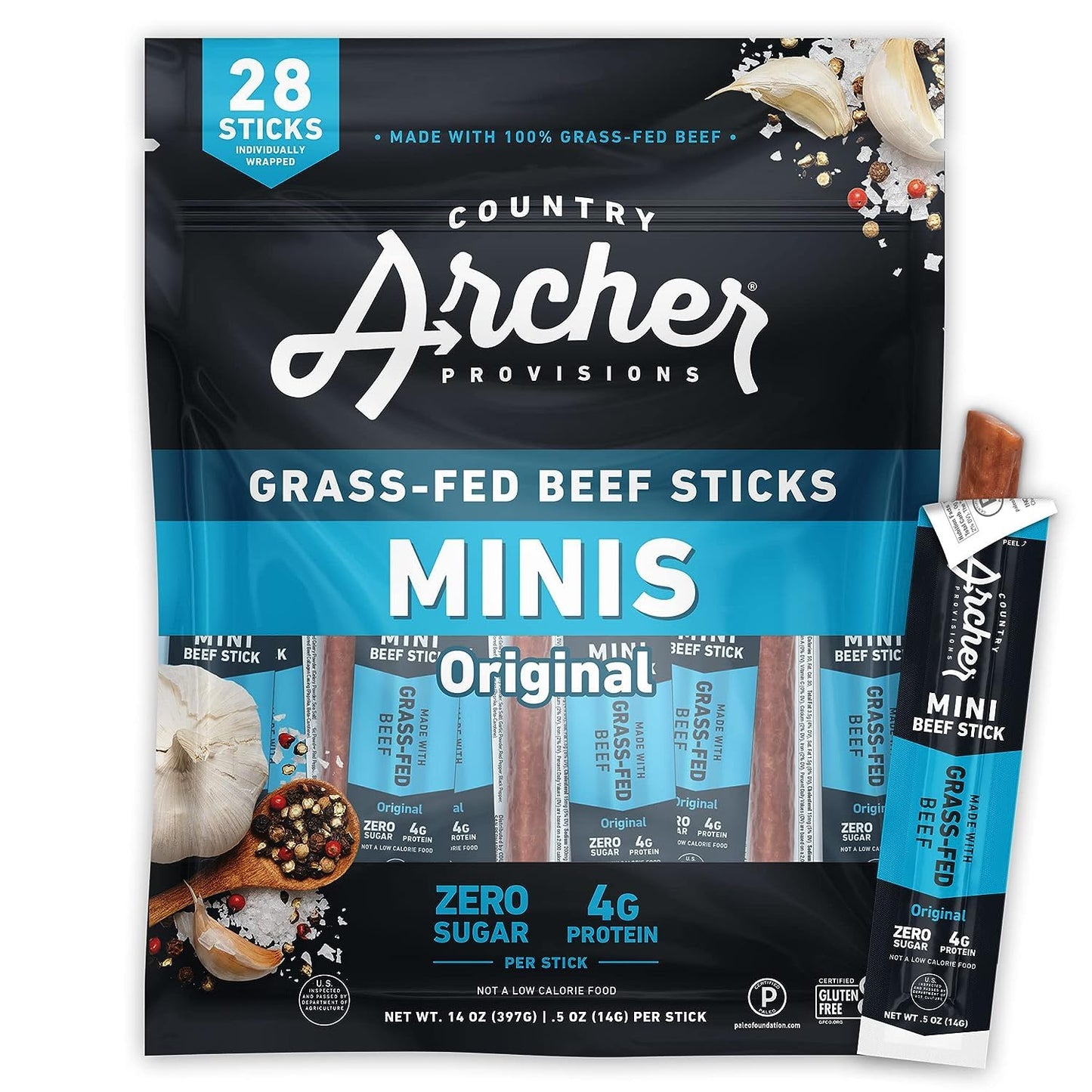Country Archer Mini Beef Jerky Sticks, Grass Fed Beef, Gluten Free, Paleo, Keto, 0.5 oz, Pack of 28, Original Beef