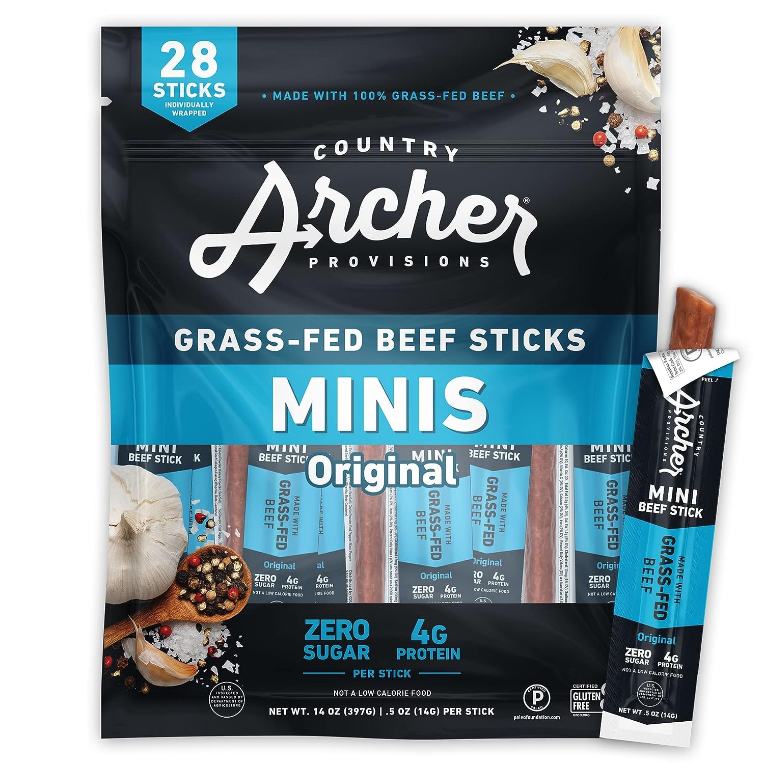 Country Archer Mini Beef Jerky Sticks, Grass Fed Beef, Gluten Free, Paleo, Keto, 0.5 oz, Pack of 28, Original Beef