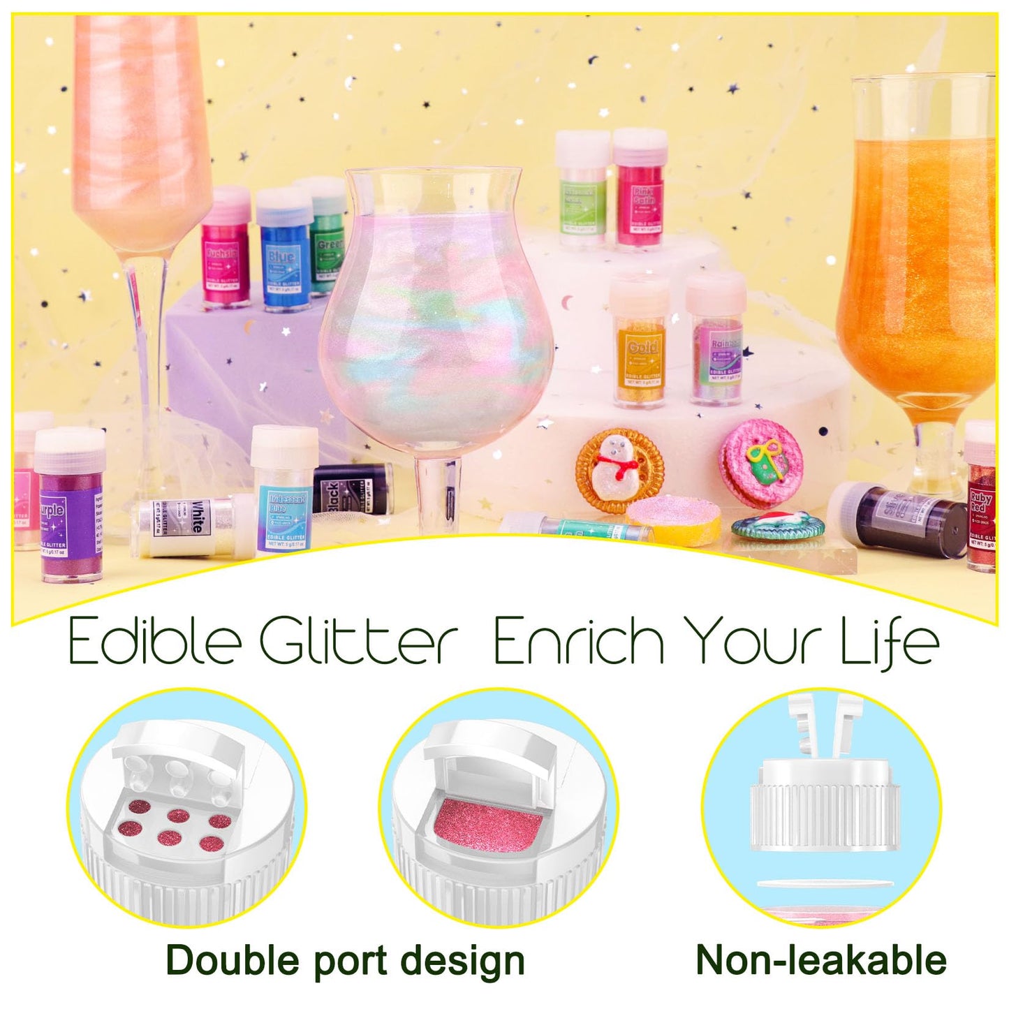 Edible Glitter - 15 Popular Colors Edible Glitter For Cocktails, Food Grade Luster Dust, Iridescent Shimmer Powder For Cake Deco