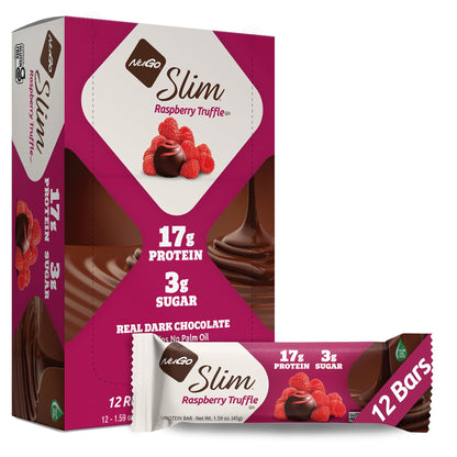 NuGo Slim Dark Chocolate Raspberry Truffle, 17g Protein Bar, Gluten Free, Non-GMO, Kosher, Keto Friendly, Low Carb, 12 Count