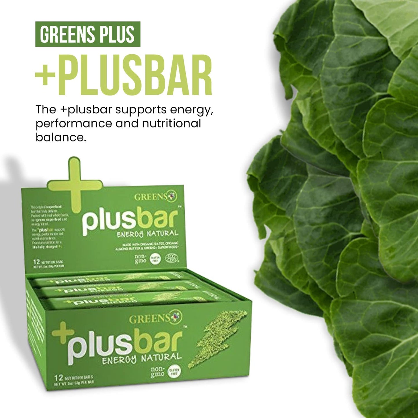 Greens+ Plusbar Energy, Natural, Gluten-Free Snack With Super Greens, Superfoods & Almond Butter, Vegan, Dairy-Free, Non-Gmo, 10G Protein Meal Replacement, 12 Pack