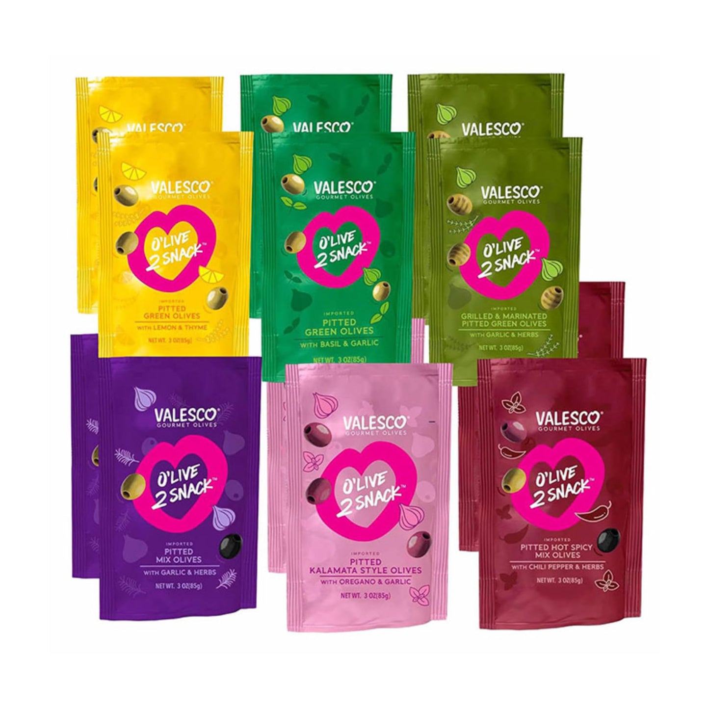 VALESCO OLive Snack Pitted Olives Variety Pack, 6 Flavors, 12 pouches (1 oz each)