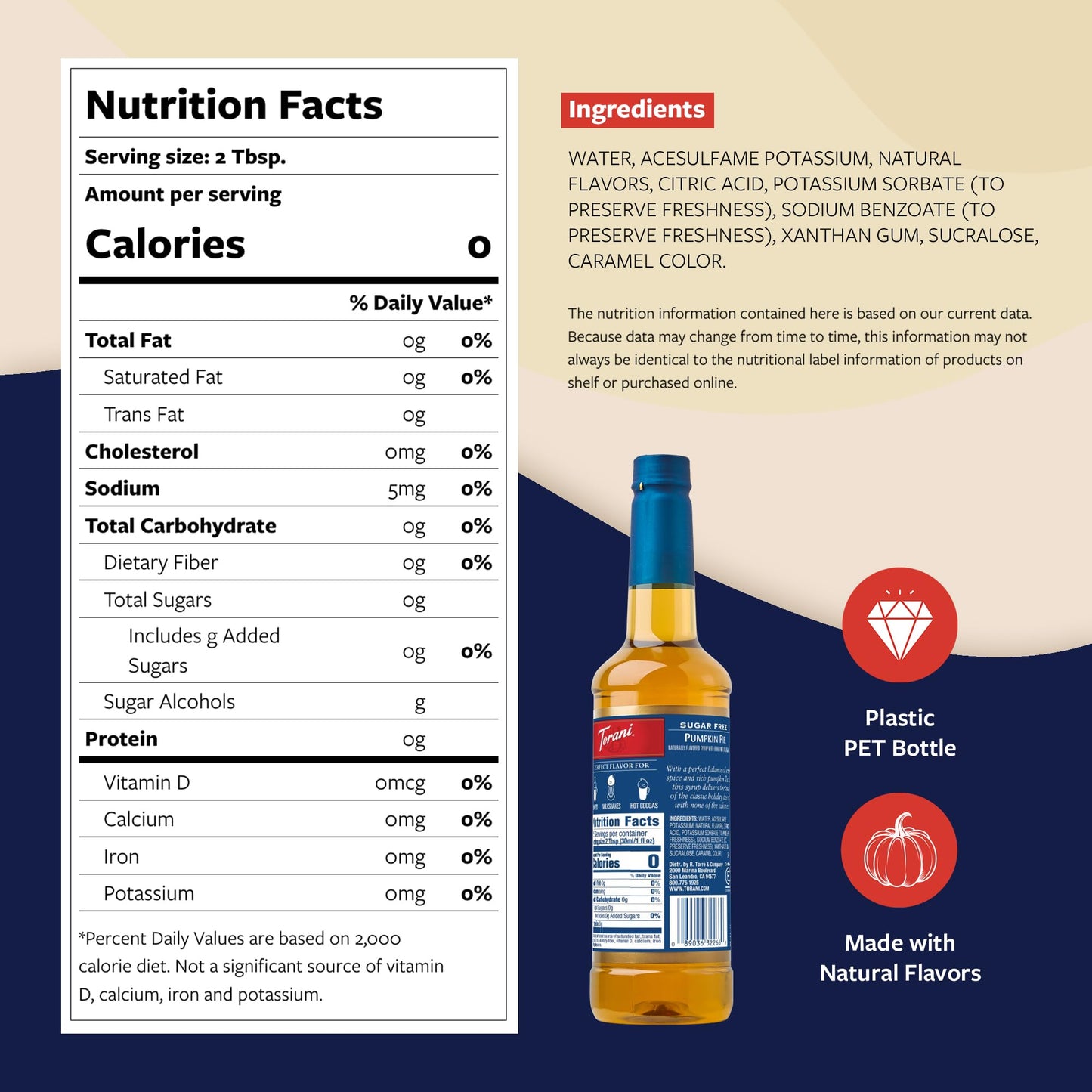 Torani Sugar Free Coffee Syrup, Pumpkin Pie Flavored Syrup for Drinks, Zero Calorie, Pump Included, 25.4 Fl Oz