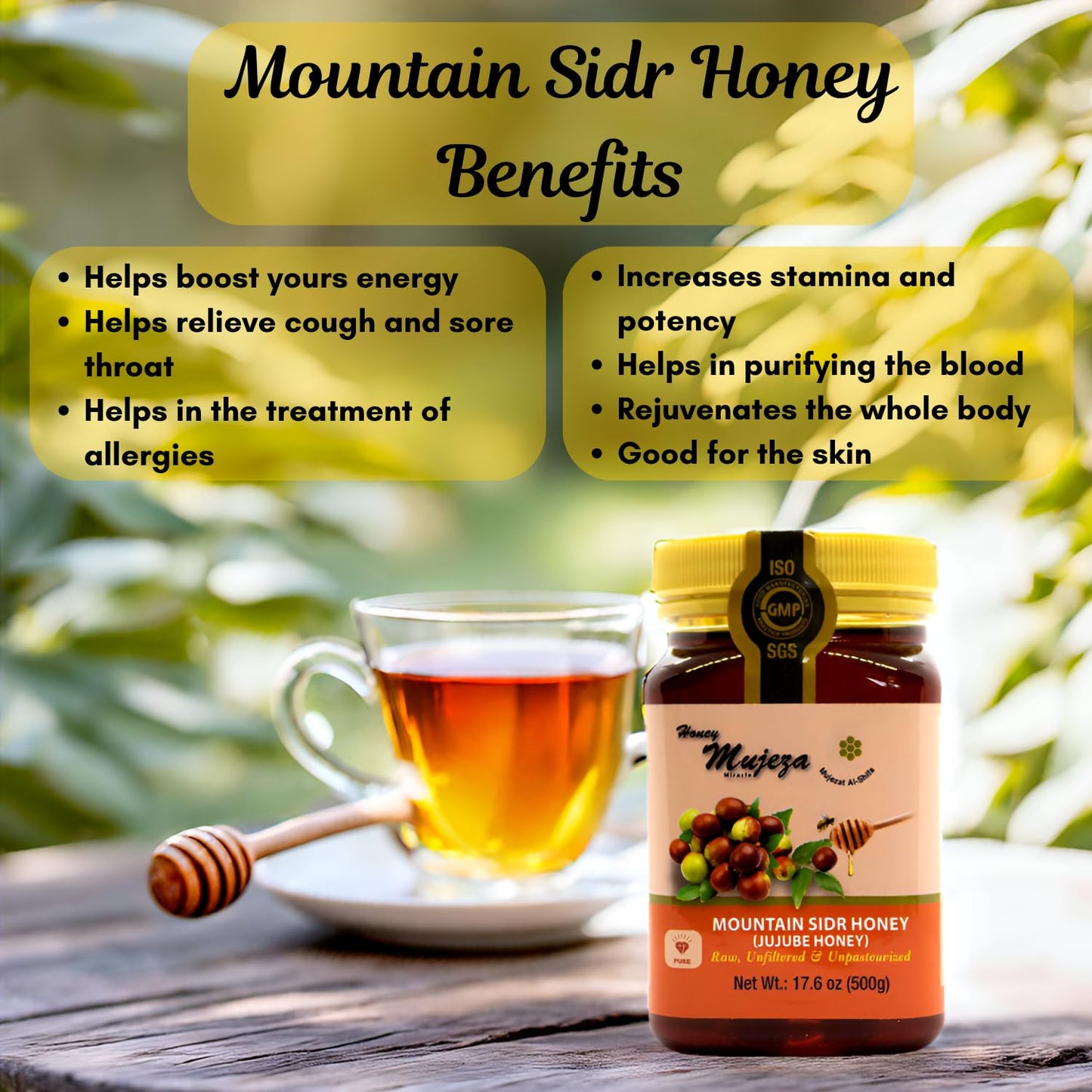 Authentic Mountain Sidr Honey by Mujeza Al Shifa - 100% Natural Jujube Honey, 500g (17.6oz), Gluten Free, Raw Liquid