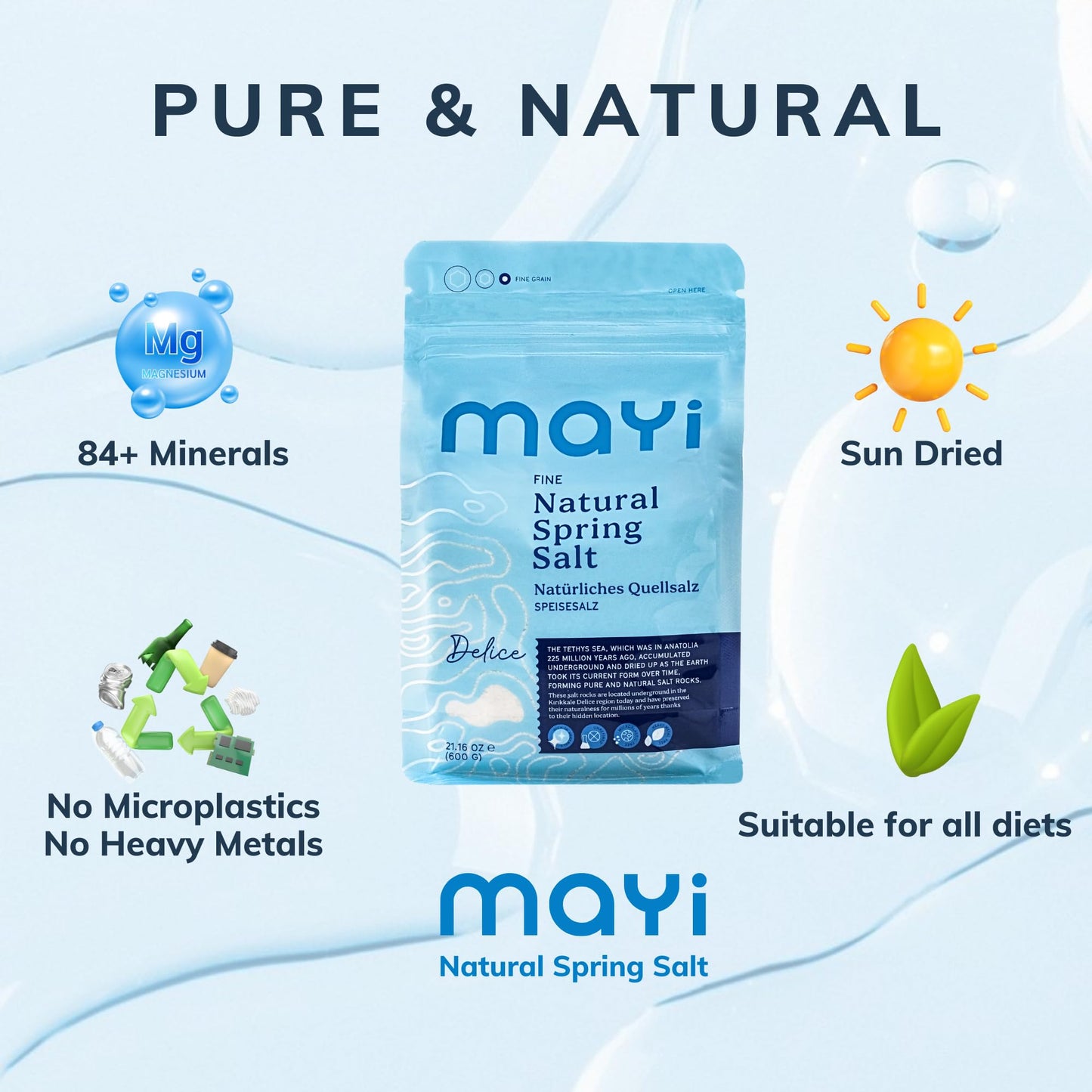 MAYI Natural Spring Fine Ground Salt 1.2 lb - Hand-Harvested, Kosher, Microplastic-Free, Mineral-Rich for Electrolyte Drinks, Un