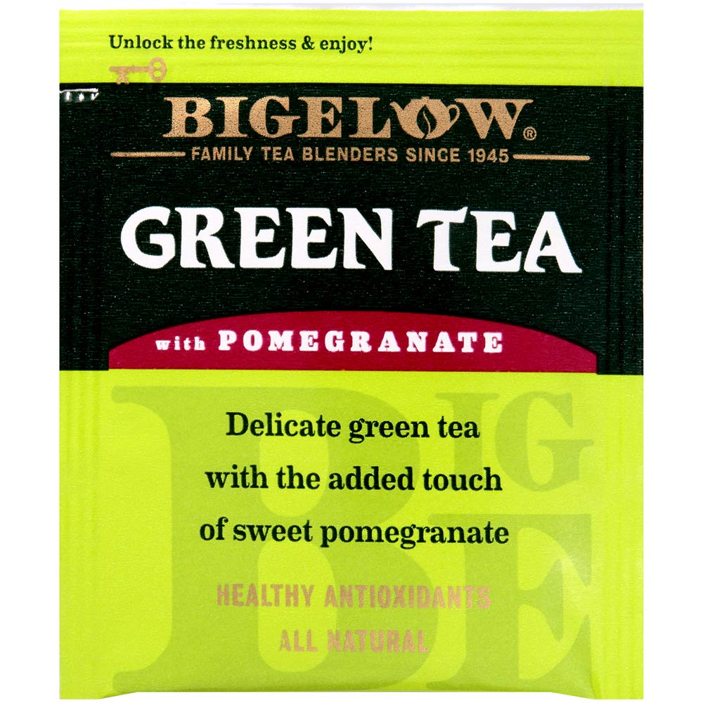 Bigelow Tea Green Tea With Pomegranate 28-Count Box (Pack Of 1) Enhanced Green Tea With Pomegranate Rosehips Hibiscus Antioxidant-Rich All Natural Medium-Caffeine Tea In Foil-Wrapped Bags