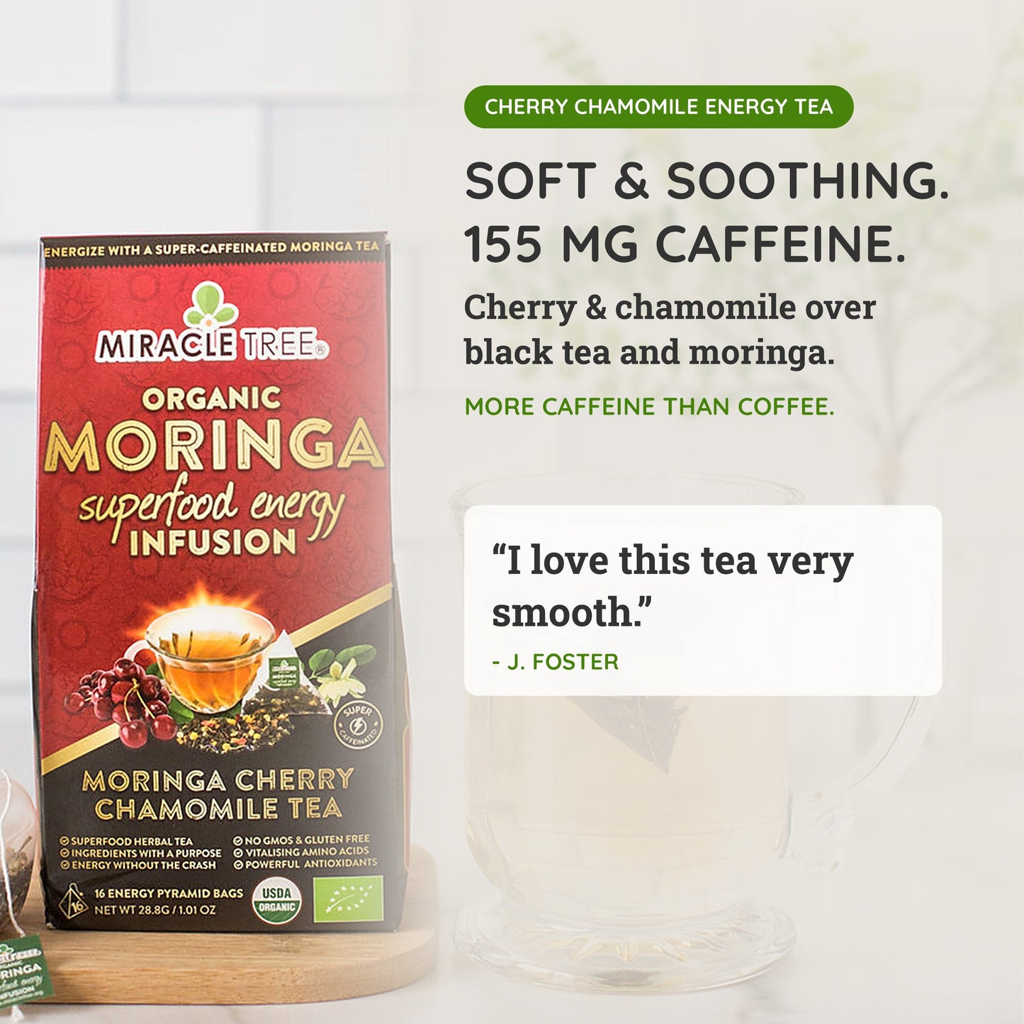 Organic Moringa Energy Tea - Cherry Chamomile - Natural Coffee Alternative