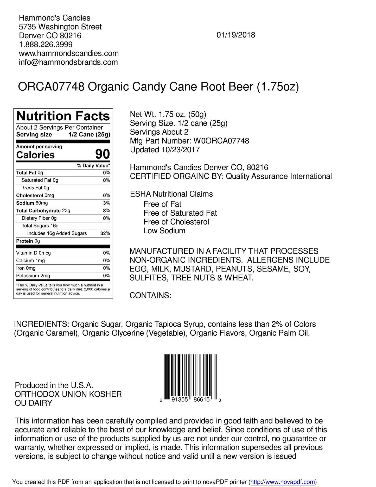 Organic Hand-Spun Jumbo Candy Cane - Root Beer - 1.75 oz