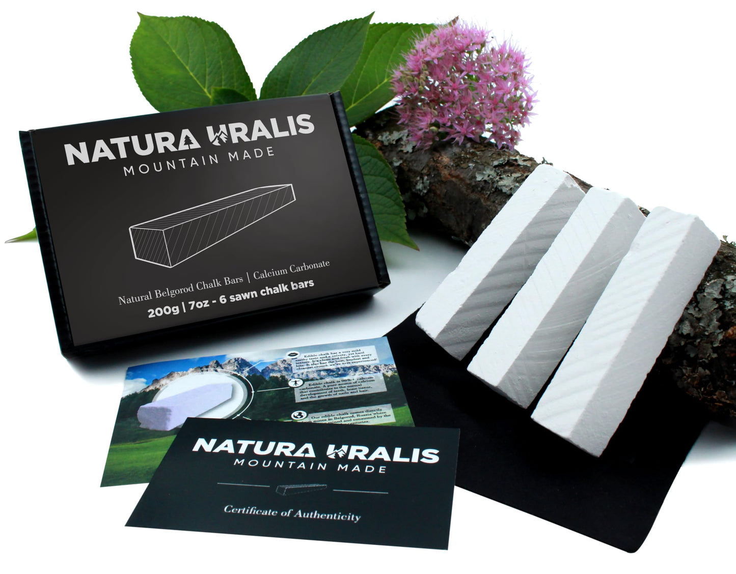 Natura Uralis Sawn Chalk - 7 oz White Chalk Bars, 6 Sticks, Velvety Texture, ASMR Sensation, Model NU-BB