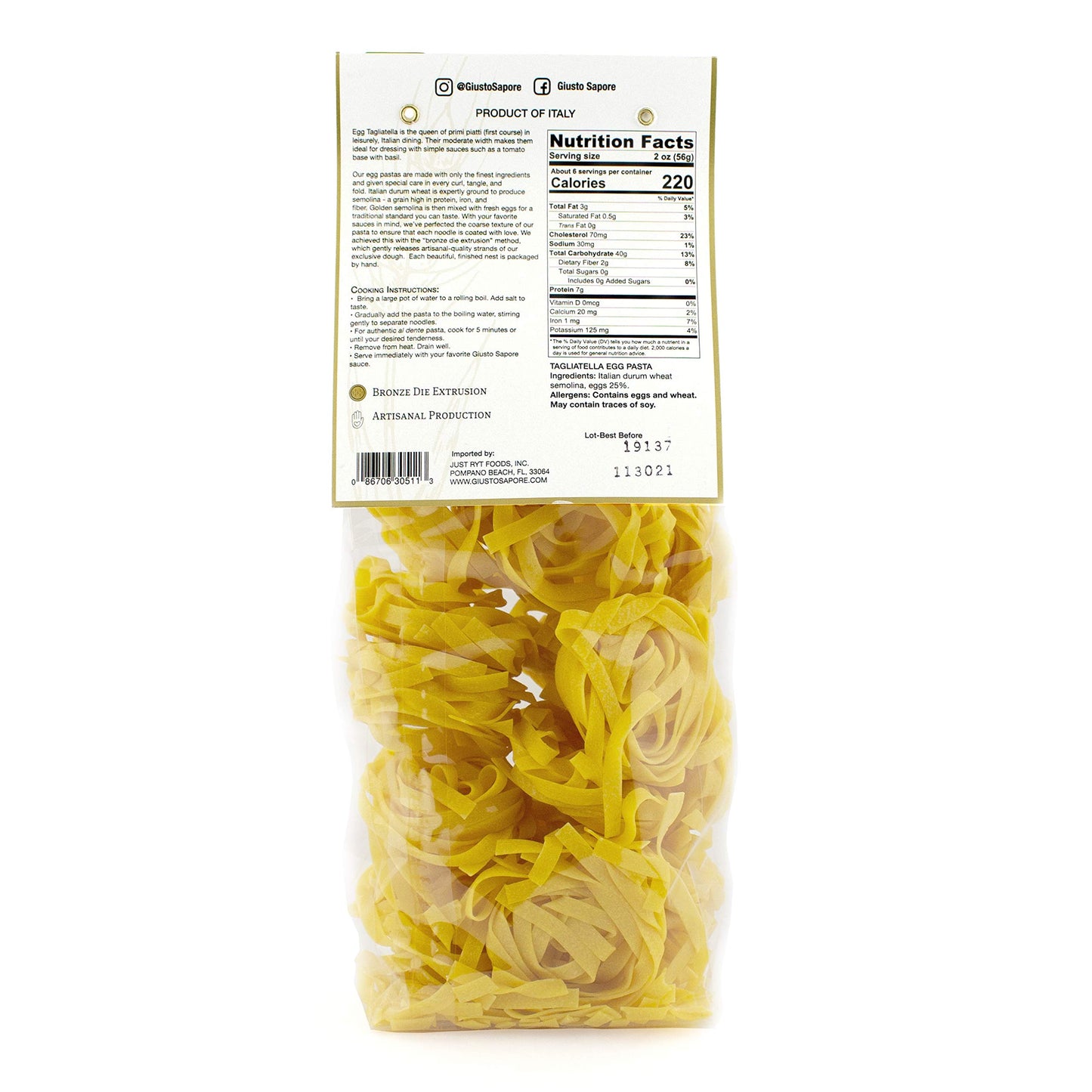Giusto Sapore Classic Tagliatelle All'Uovo Italian Egg Pasta Nest - 340G - Premium Bronze Drawn Durum Wheat Semolina Gourmet Pasta Noodles - Imported From Italy And Family Owned (Tagliatella, 1 Pack)