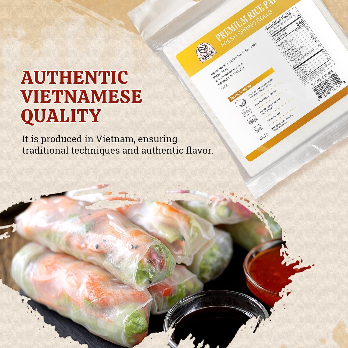 52Usa Square Rice Paper, 3 Pack, White Rice Paper Wrappers, Fresh Spring Roll Wrappers & Dumplings-102 Sheets, Gluten-Free Wonto
