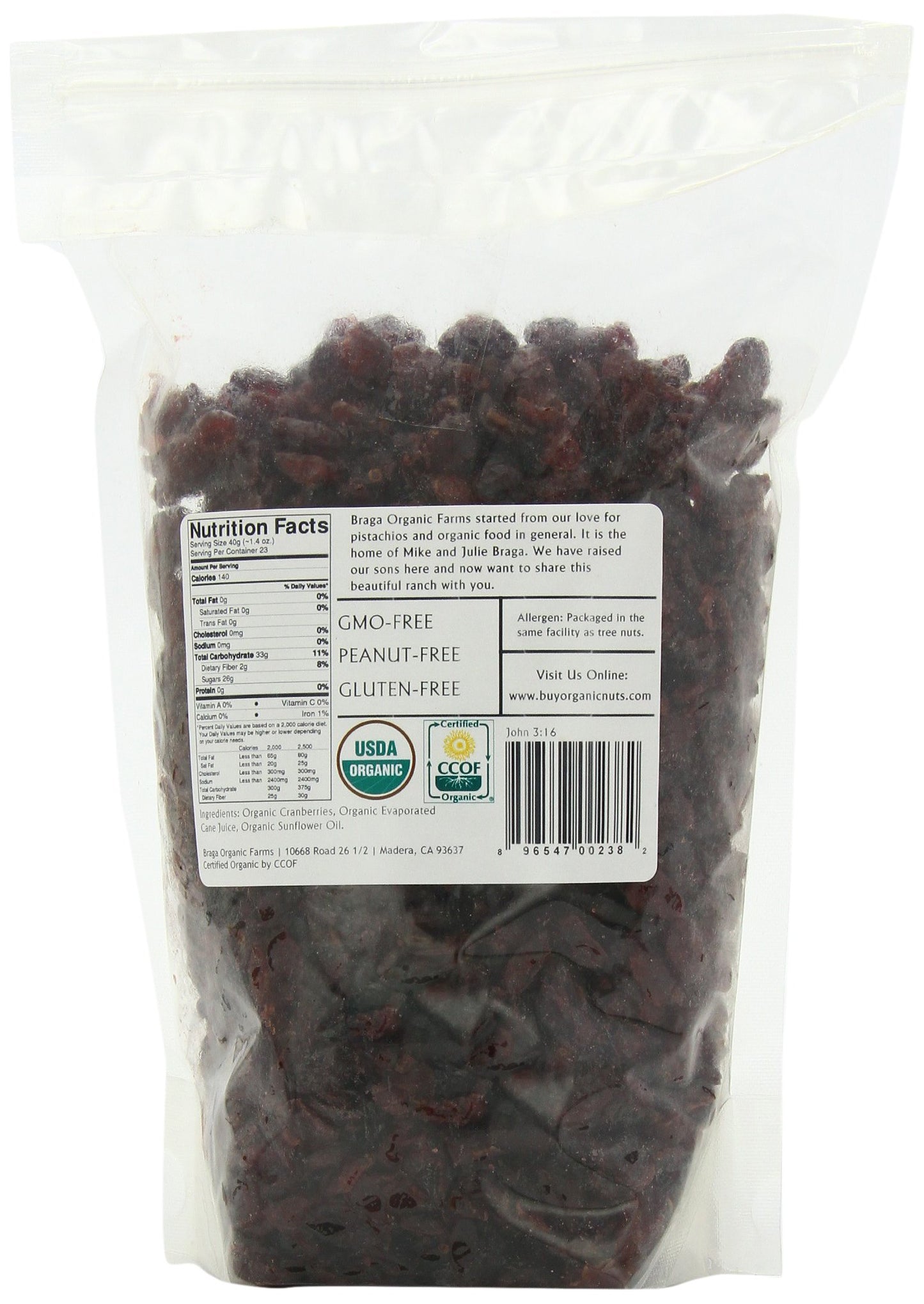 Braga Organic Farms Organic Dried Cranberries, 2 lb. Bag, Non-GMO, Gluten-Free