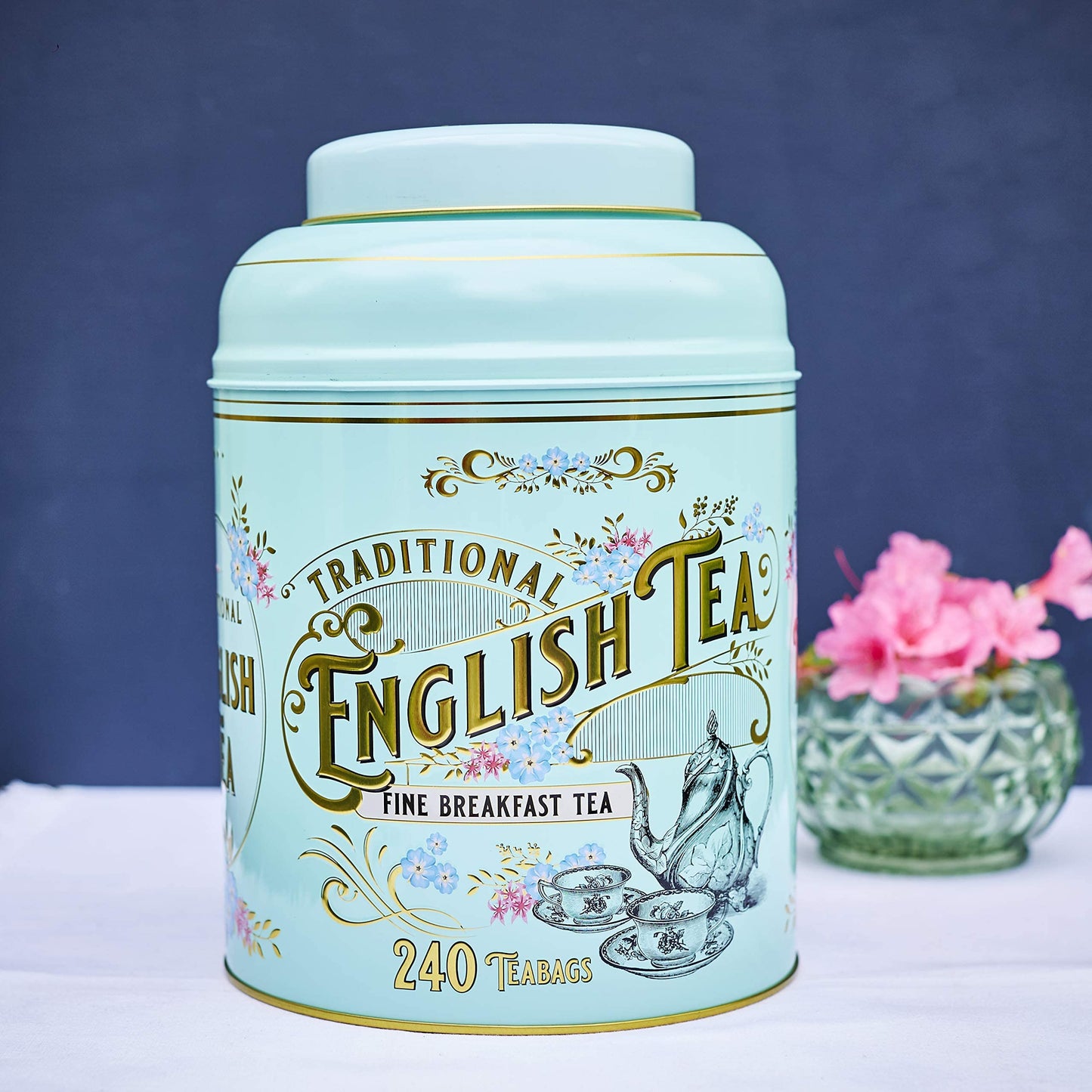 New English Teas Vintage Victorian Tea Tin With 240 English Breakfast Teabags For Tea Lovers, Forget Me Not Florals & Classic Te