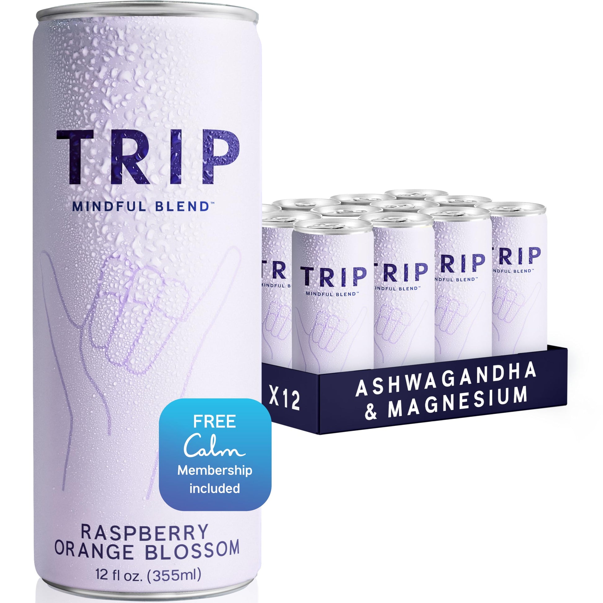 TRIP Adaptogen Seltzer, Lightly Sparkling Raspberry Blossom, 12 Fl Oz (Pack of 12), No Added Sugar, Vegan