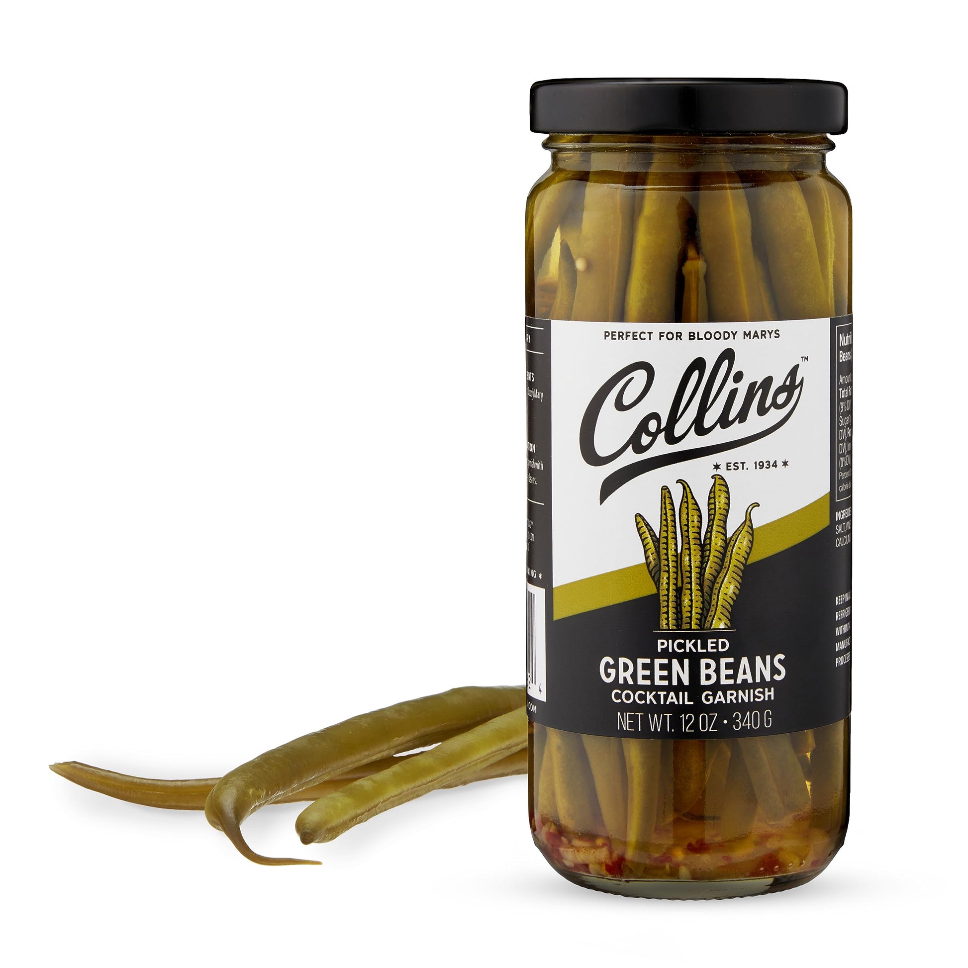 Collins Gourmet Pickled Green Beans For Cocktails - Spicy Crunchy Green Beans - Enhanced Condiment Garnish For Cocktails, Bloody Mary, Antipasto, Condiments, Or Salads - 12Oz