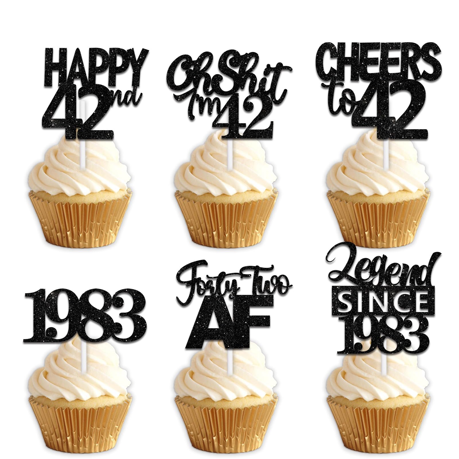 18pcs Black Glitter Happy 42nd Dessert Cupcake Topper Pick for Funny Legend Since 1983 Theme Decor Supplies Men Women Happy 42 B