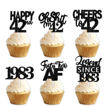 18pcs Black Glitter Happy 42nd Dessert Cupcake Topper Pick for Funny Legend Since 1983 Theme Decor Supplies Men Women Happy 42 B