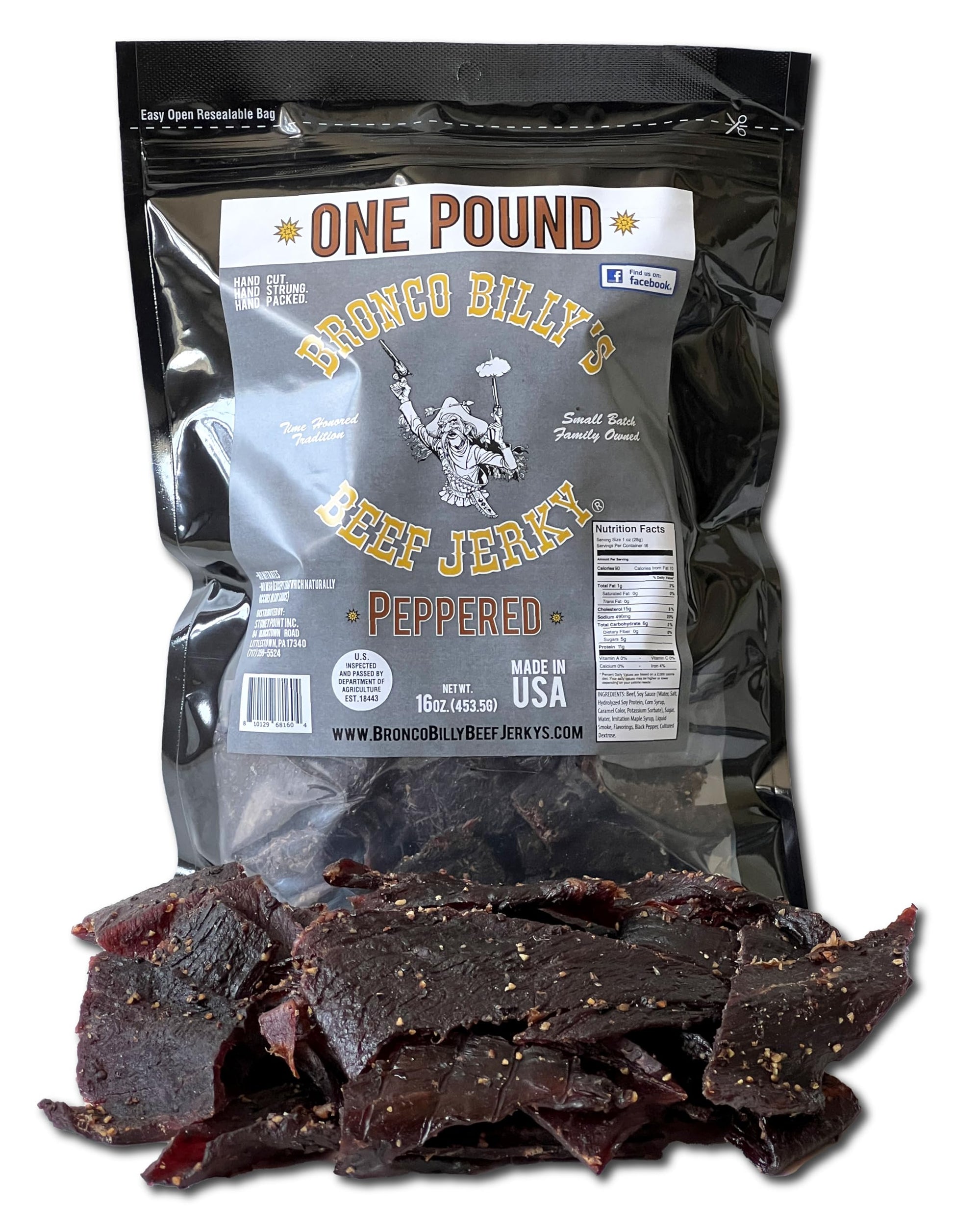 Bronco Billys Beef Jerky Maple Peppered, 16 Ounce Resealable Bag, Made in USA with USDA Beef and Real Maple Syrup