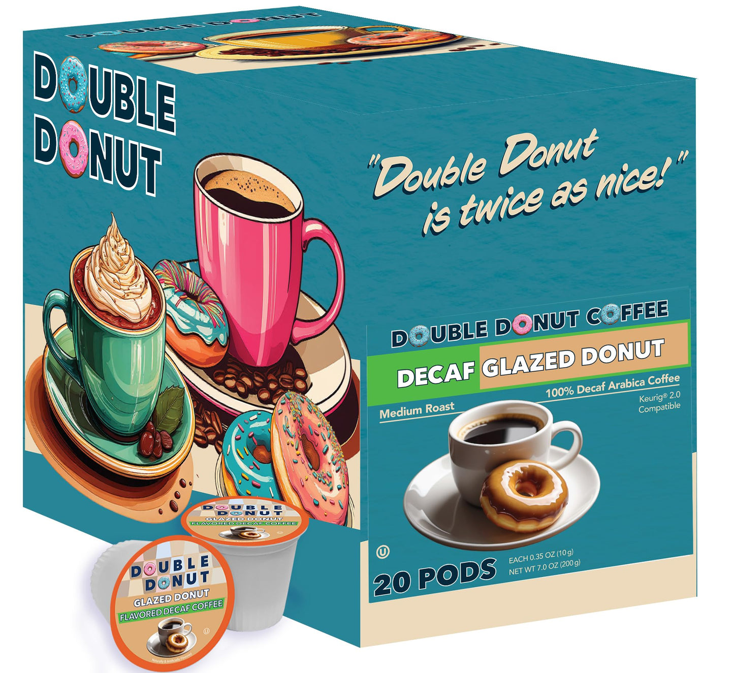 Double Donut Coffee Medium Roast Decaf Pods, Glazed Donut Flavor, 20 Count for Keurig K-Cup Machines