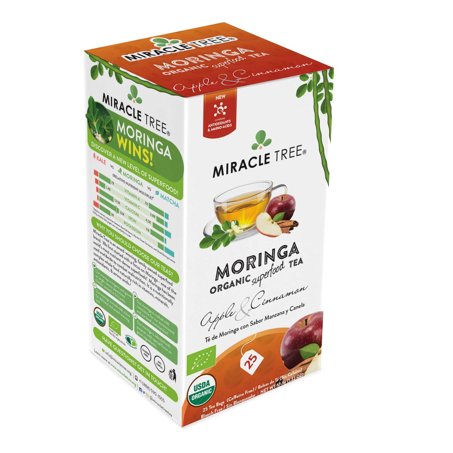 Tree Organic Moringa Superfood Tea, Apple & Cinnamon, 25 Bags, Vegan, Gluten-Free, Caffeine-Free, Non-GMO
