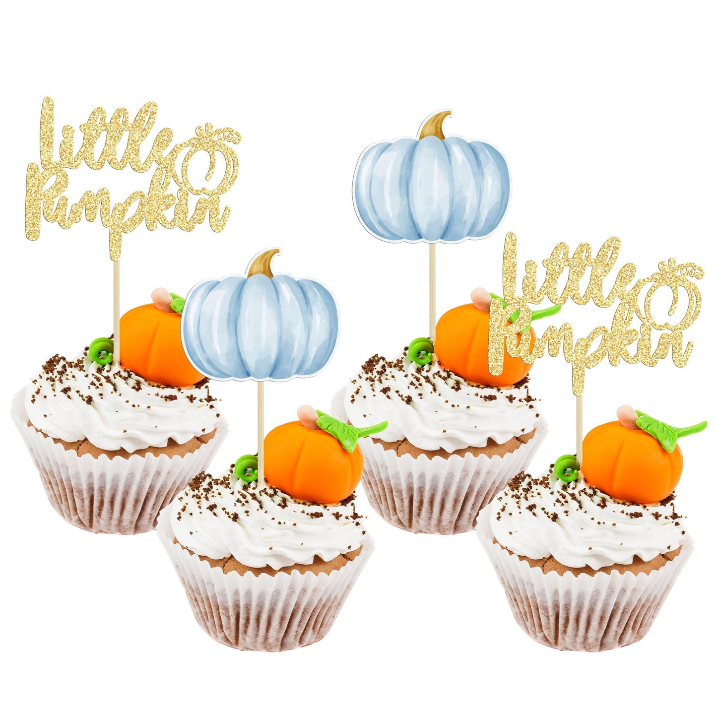 Gyufise 24Pcs Little Pumpkin Cupcake Toppers Blue Pumpkin Cake Toppers Gender Reveal Cake Decorations For Thanksgiving Birthday