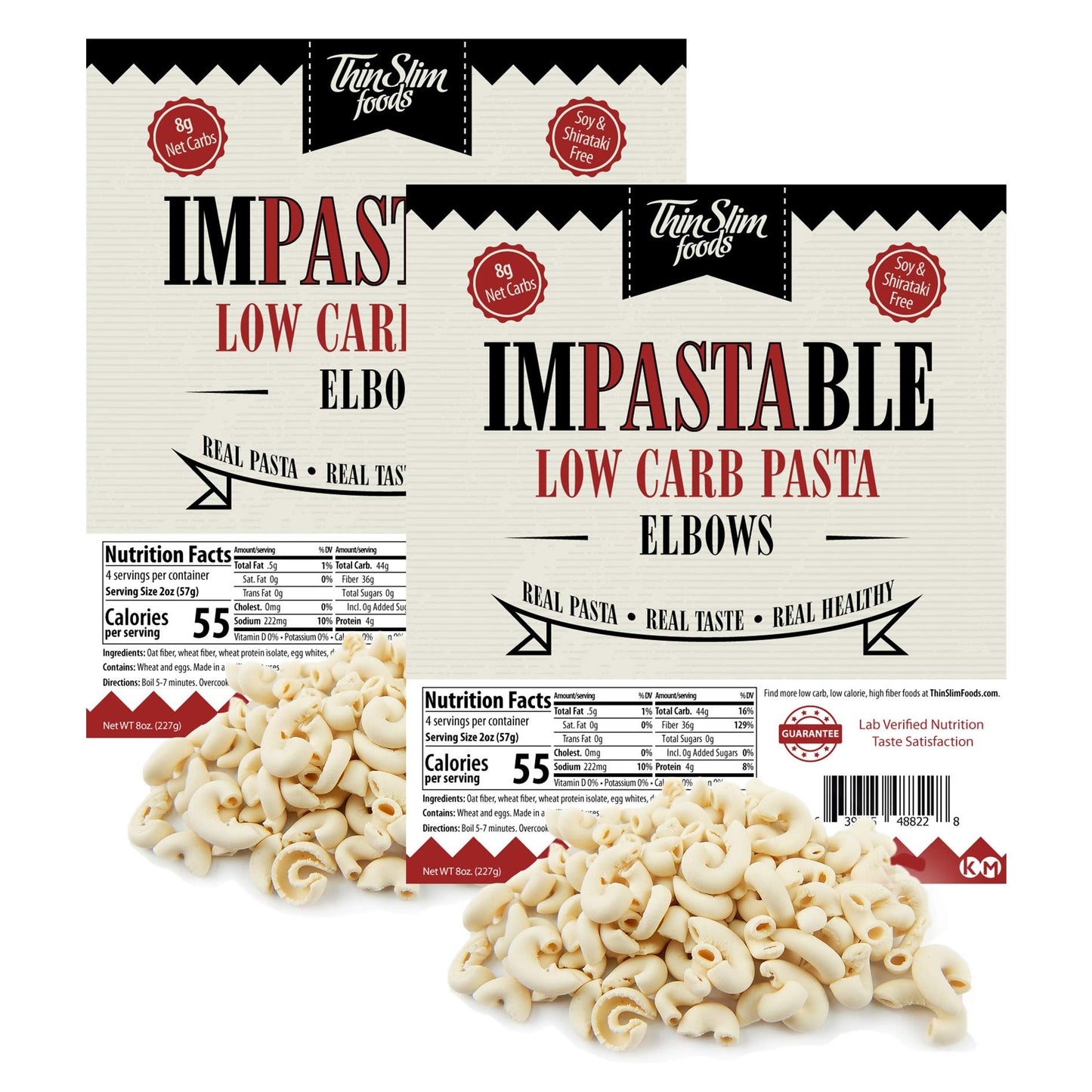 ThinSlim Foods Impastable Low Carb Pasta, Elbows, 8g Net Carbs, 36g Fiber, 55 Calories, 8 Ounce (Pack of 2)