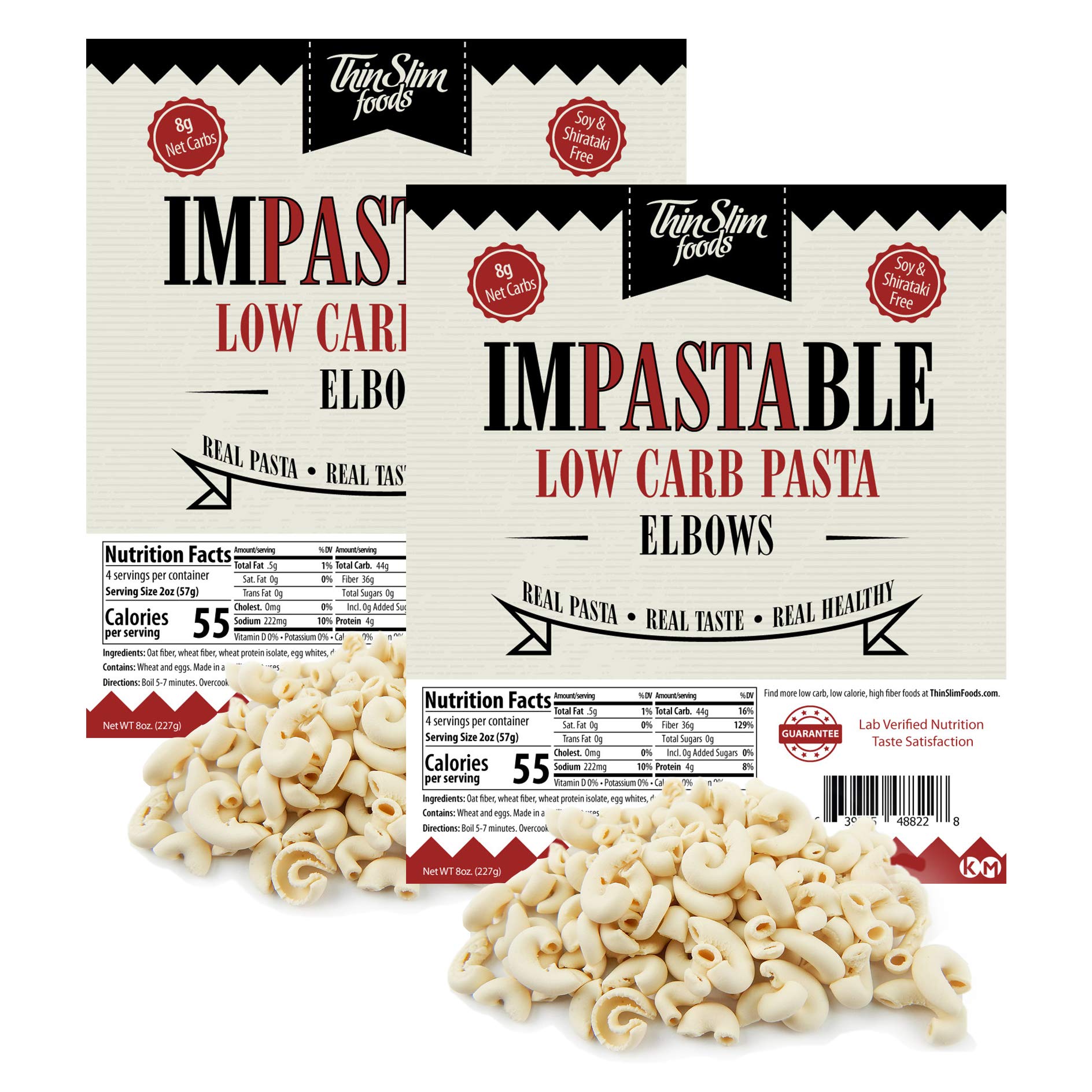ThinSlim Foods Impastable Low Carb Pasta, Elbows, 8g Net Carbs, 36g Fiber, 55 Calories, 8 Ounce (Pack of 2)
