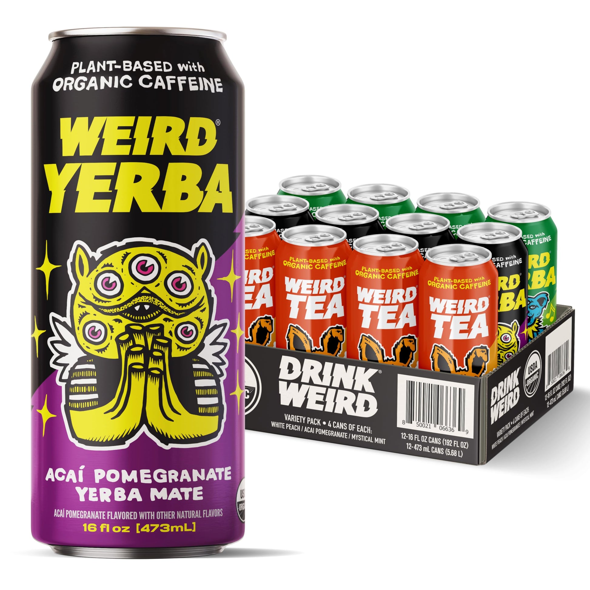 Drink Weird Best Sellers Variety Pack - Acai Pomegranate Yerba Mate  White Peach Oolong Tea  Mystical Mint Yerba Mate. 12pk of 16oz Cans. Better Energy Drink Alternative.