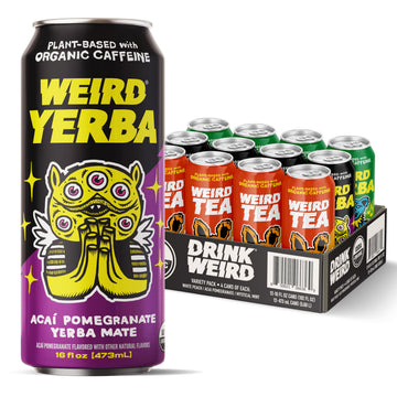 Drink Weird Best Sellers Variety Pack - Acai Pomegranate Yerba Mate  White Peach Oolong Tea  Mystical Mint Yerba Mate. 12pk of 16oz Cans. Better Energy Drink Alternative.