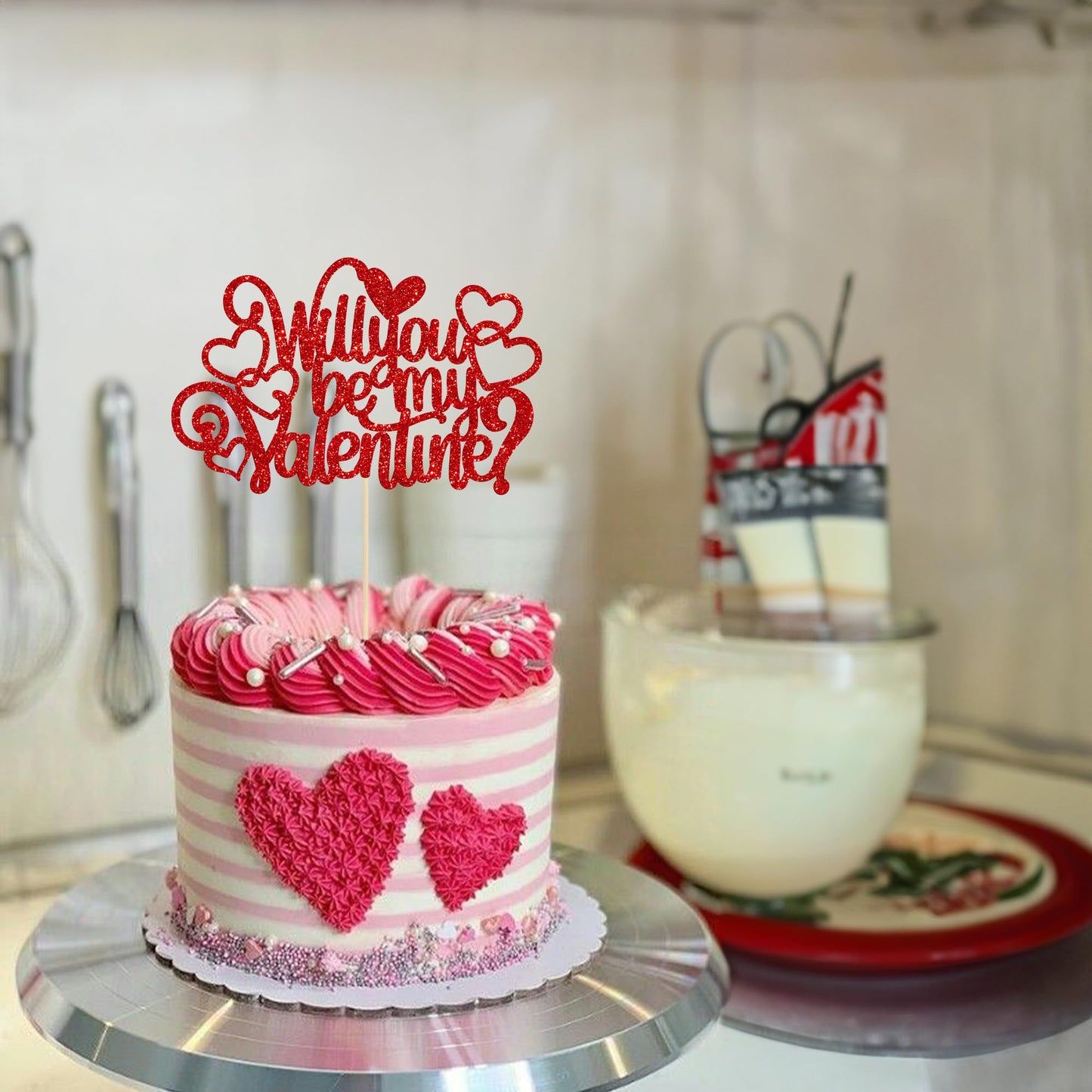 Ephlyn 1Pc Will You Be My Valentine Cake Topper Glitter Love Heart Valentine'S Day Cake Pick For Valentine'S Day Theme Wedding B