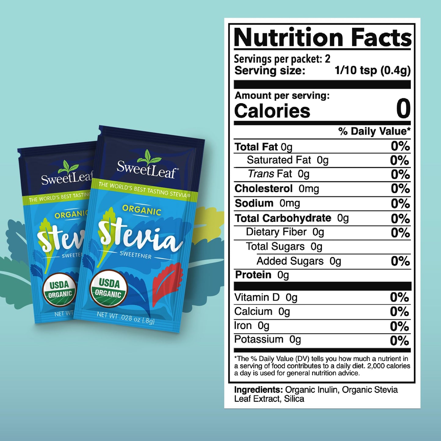 SweetLeaf Organic Stevia Powder Packets, Zero Calorie Sweetener, Sugar Free, Keto Friendly, 500 Count