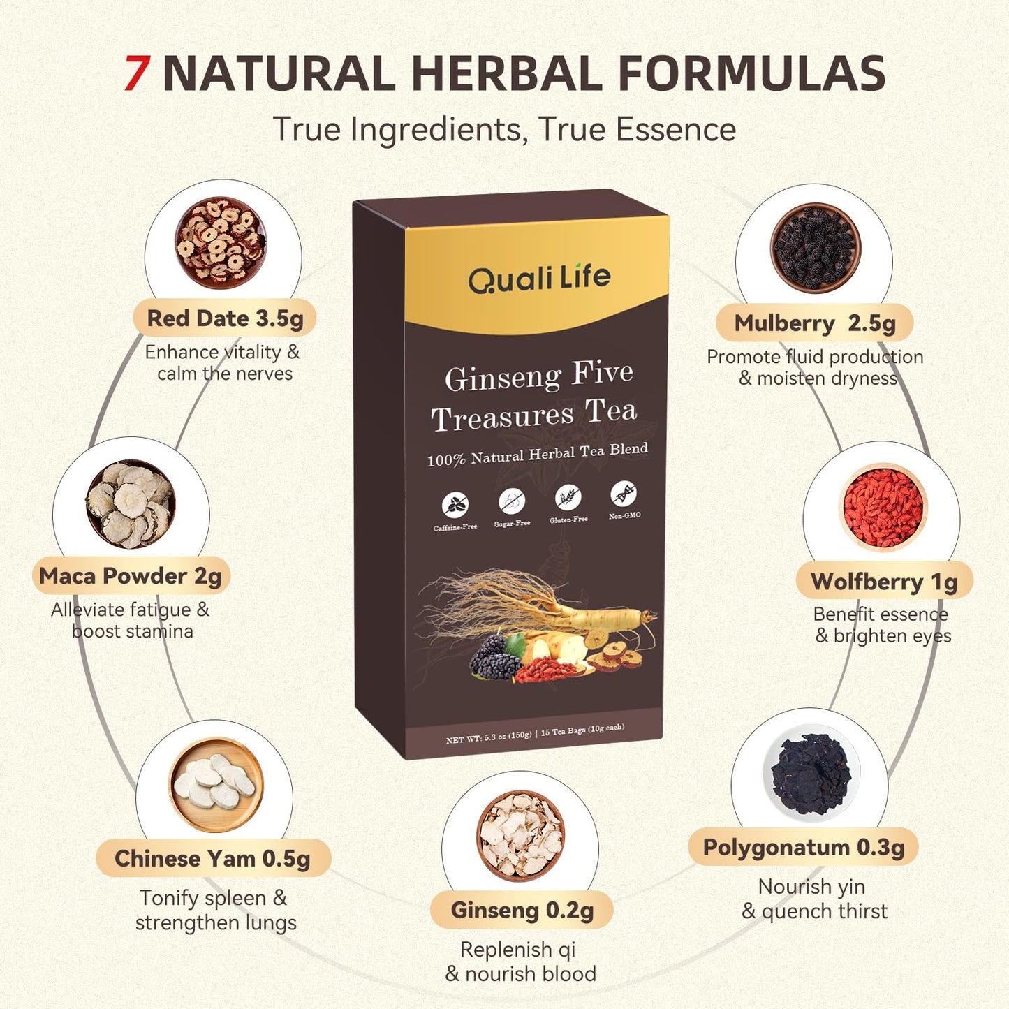 Ginseng Five Treasures Herbal Tea Bags, Traditional Chinese Herbal Blend with 7 Ingredients, Natural Tea for Women & Men (2 Pack