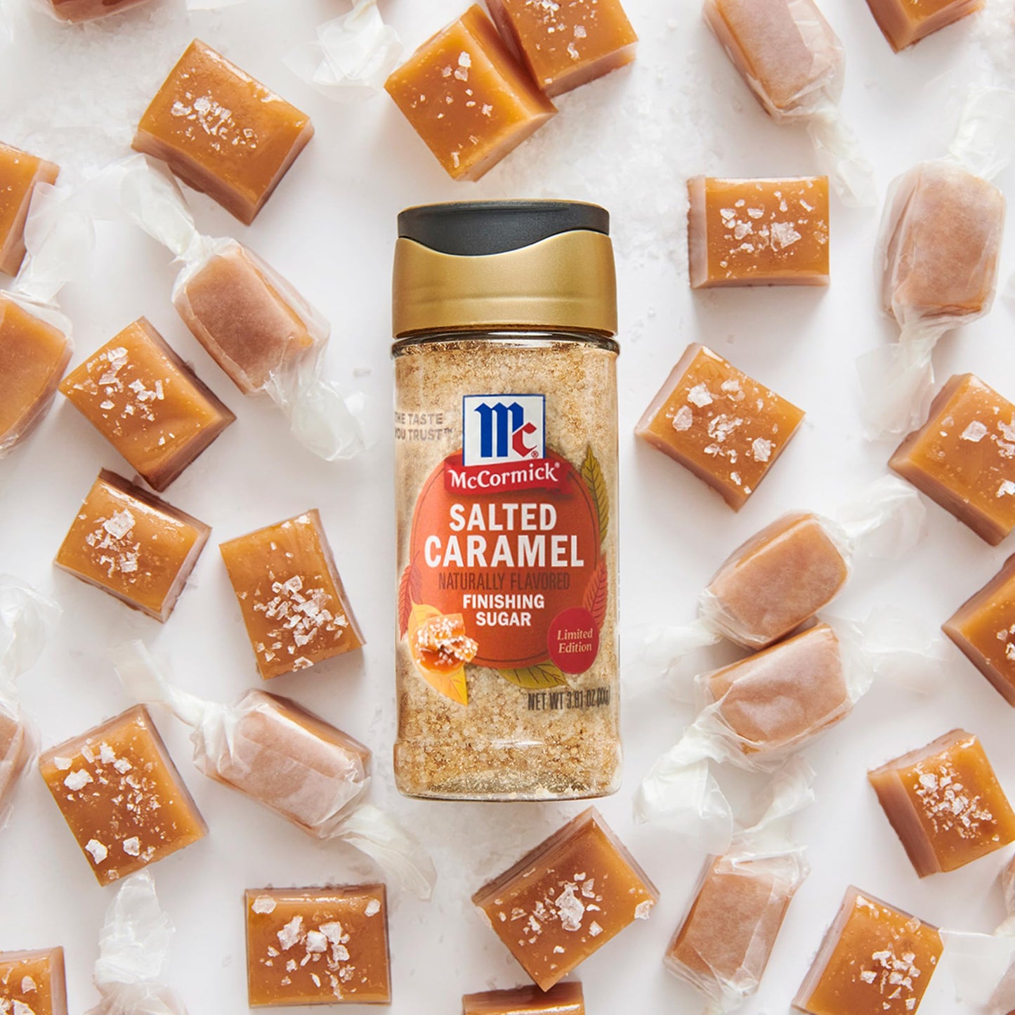 McCormick Finishing Sugar  Salted Caramel  Limited Edition  Creamy Caramel Flavor with a Touch of Salt  For Coffee  Ice Cream  Brownies  Popcorn  Hot Cocoa  and More  3.81 oz