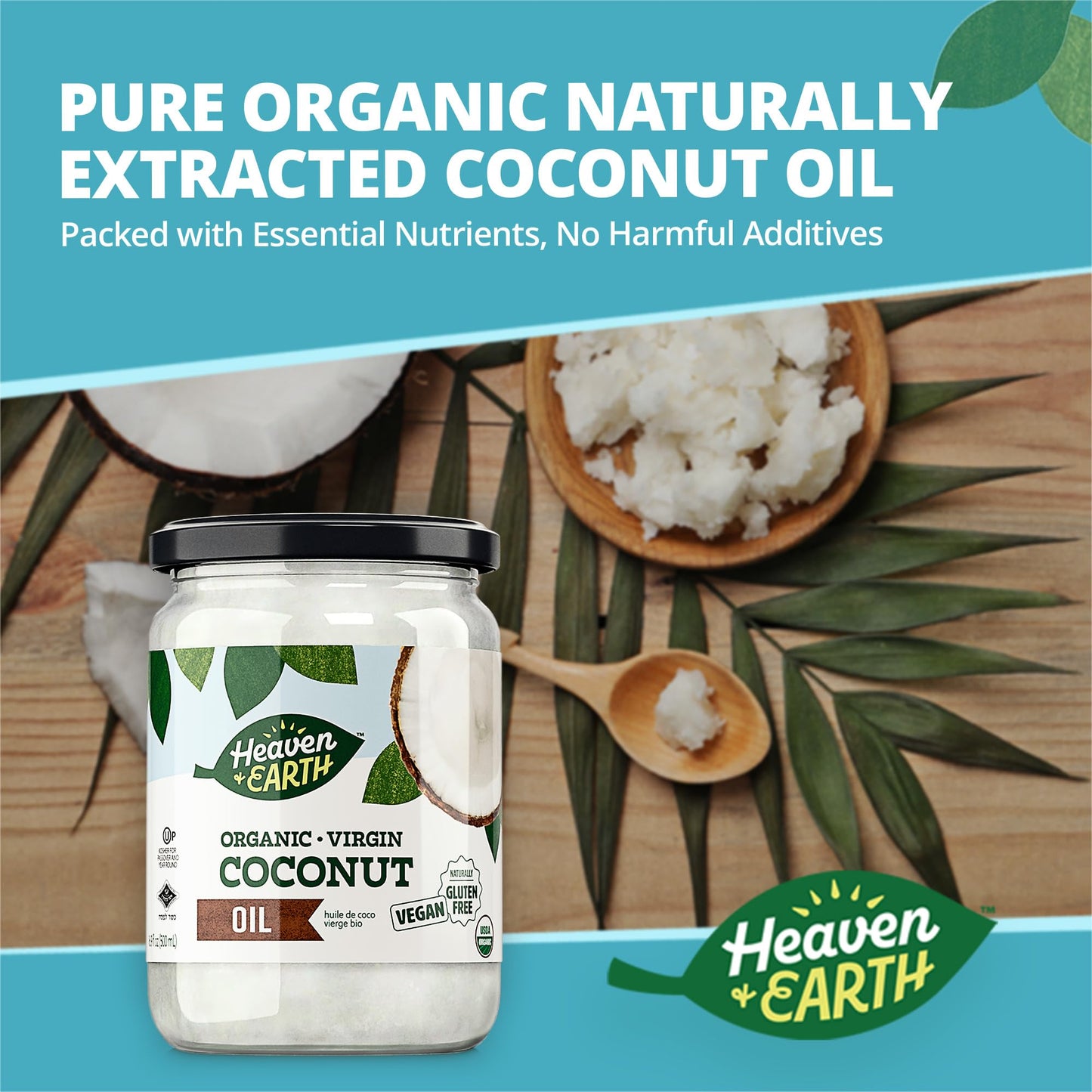 Heaven & Earth Organic Unrefined Virgin Coconut Oil, 16oz Glass Jar, Cold Pressed for Cooking, Hair & Skin, Kosher
