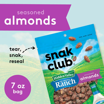 Snak Club Almonds with Hidden Valley Ranch Seasoning, Roasted Almonds, Gluten-Free and Kosher Snack, 7 oz Resealable Bag