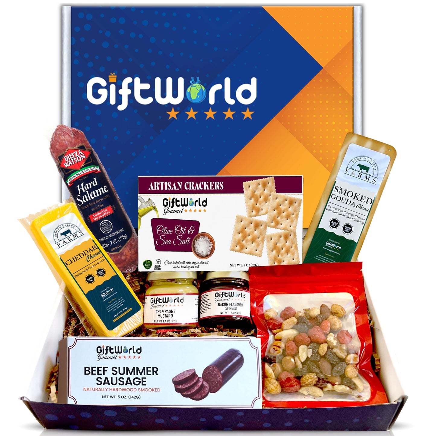 GiftWorld Beef Summer Sausage and Cheese Gift Basket, 8-item Meat and Cheese Sampler for Men, Perfect for Tailgating and Holidays
