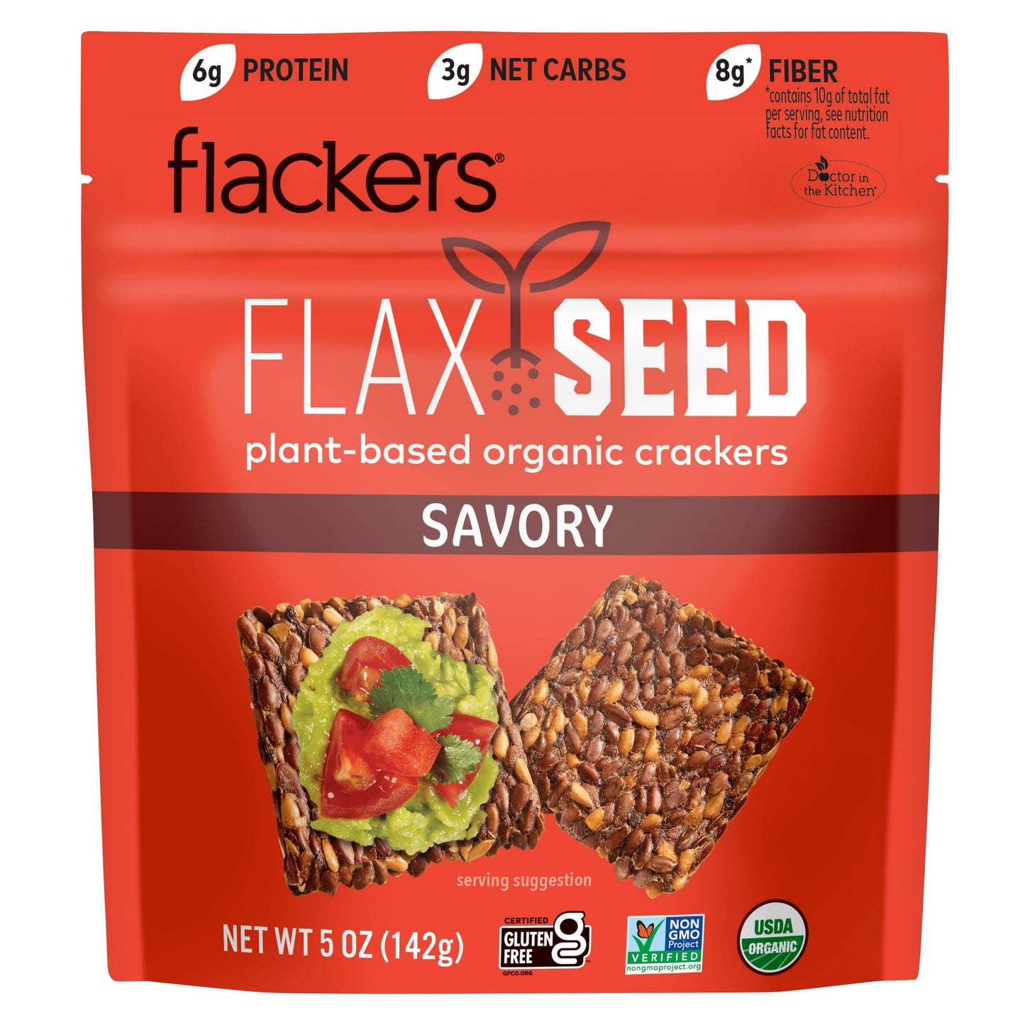 Flackers Organic Savory Flaxseed Crackers, Gluten Free, Vegan, Keto, 5oz, 6-Pack