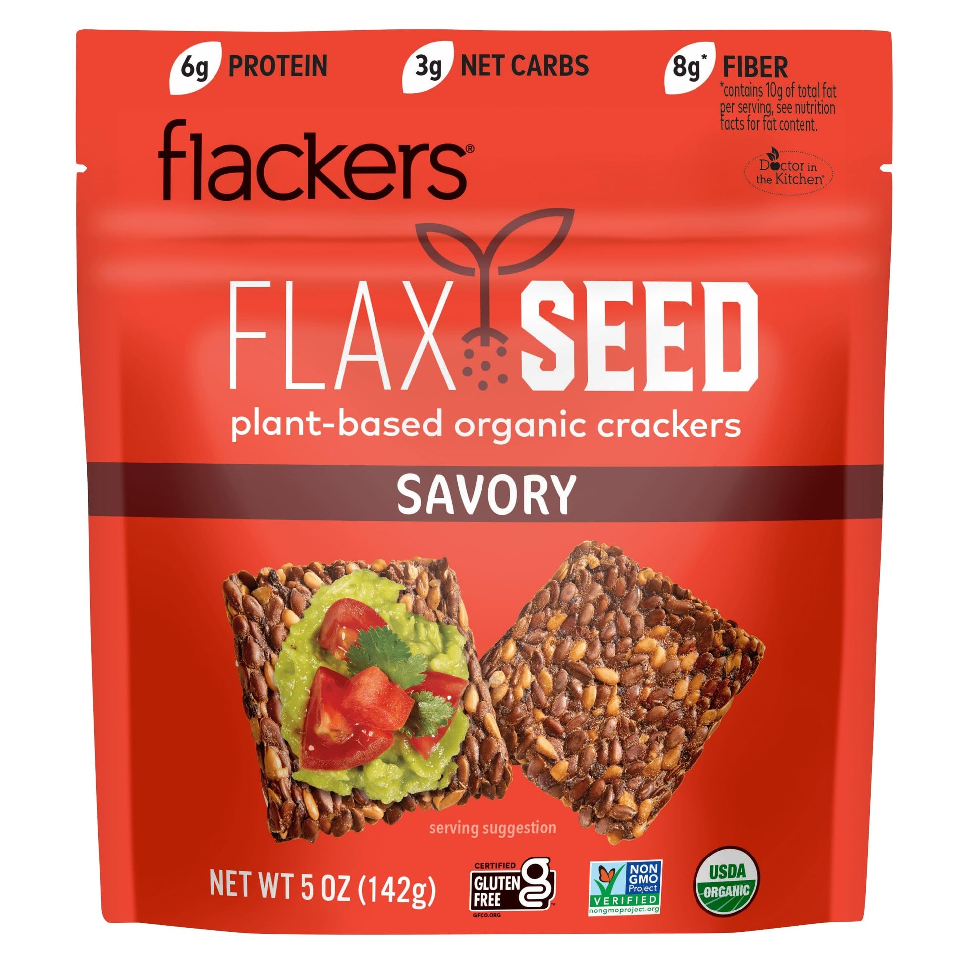 Flackers Organic Savory Flaxseed Crackers, Gluten Free, Vegan, Keto, 5oz, 6-Pack
