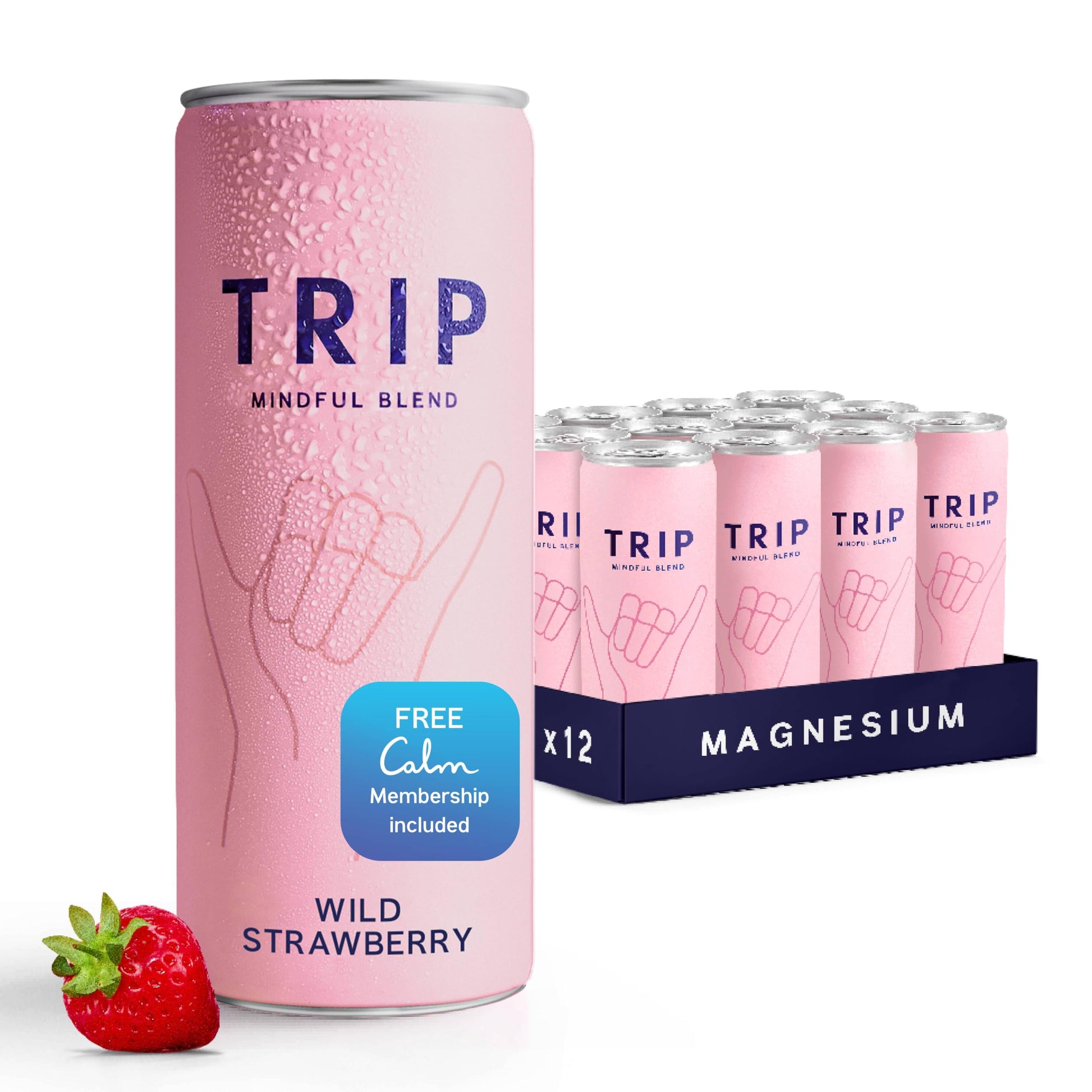 Trip Drink Mindful Blend  Lightly Sparkling Calming Drink  Adaptogen Drink 120 MG Magnesium Citrate with Ashwagandha  Lions Mane & L Theanine  No Added Sugar  Low Calorie  Vegan  Wild Strawberry  12 Oz  12Pk